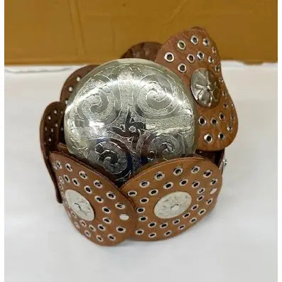 Natural Leather Belt with Silver Disc Studs - Natural