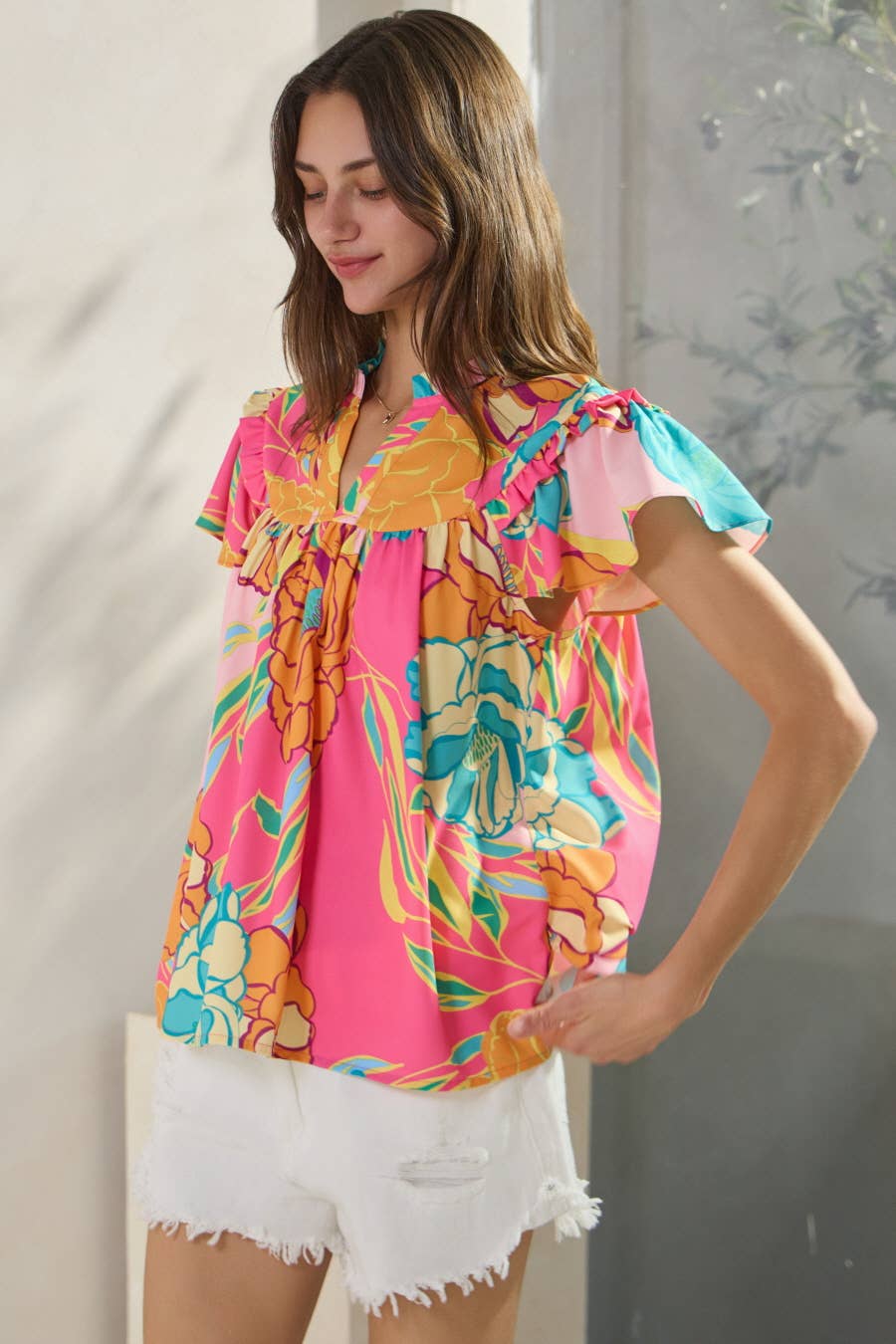 Floral Printed Ruffle Sleeve Blouse (curvy has 3/4 sleeve)