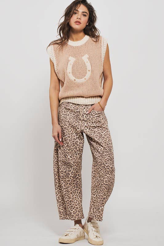 Leopard Print Stitch Detail Barrel Jeans