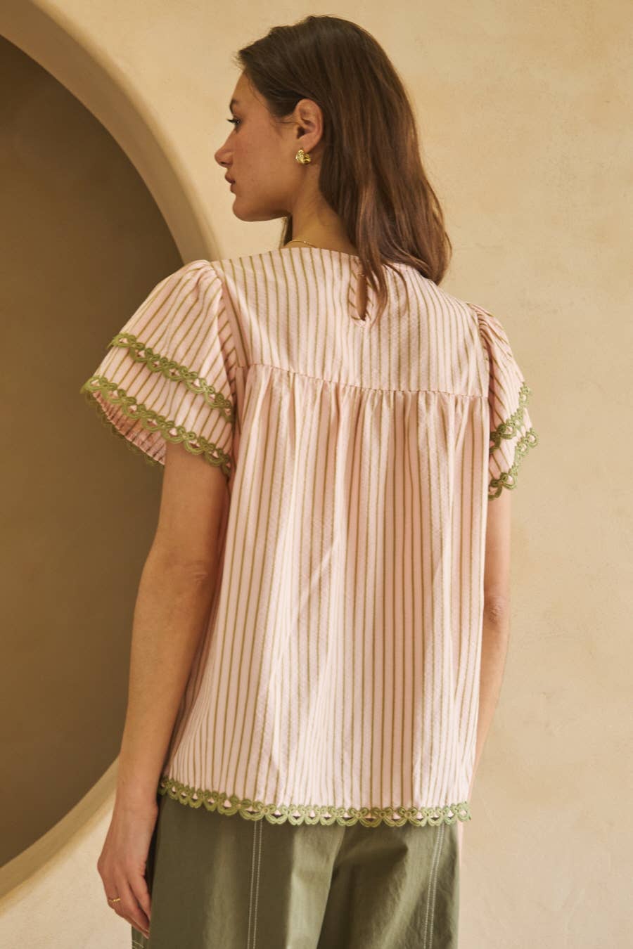 Textured Striped Fabric Flutter Sleeve Top