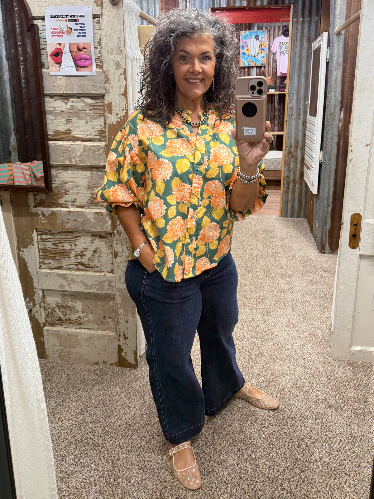 BOTANICAL FLORAL PRINTED DRAMATIC VOLUMINOUS SLEEVES BLOUSE: FOREST GREEN/CORAL / S