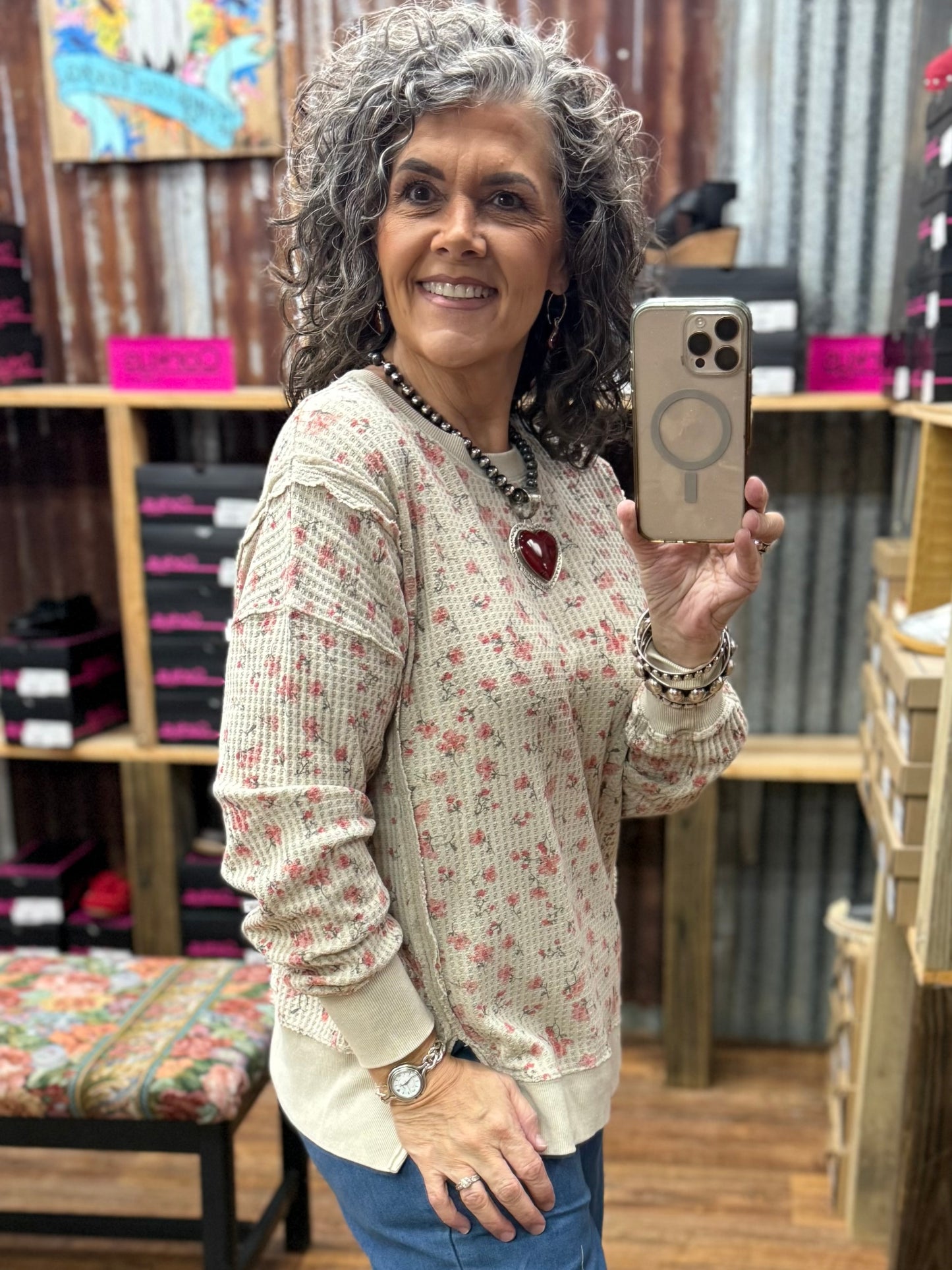 STONE FLORAL PRINTED THERMAL MINERAL WASHED PULLOVER