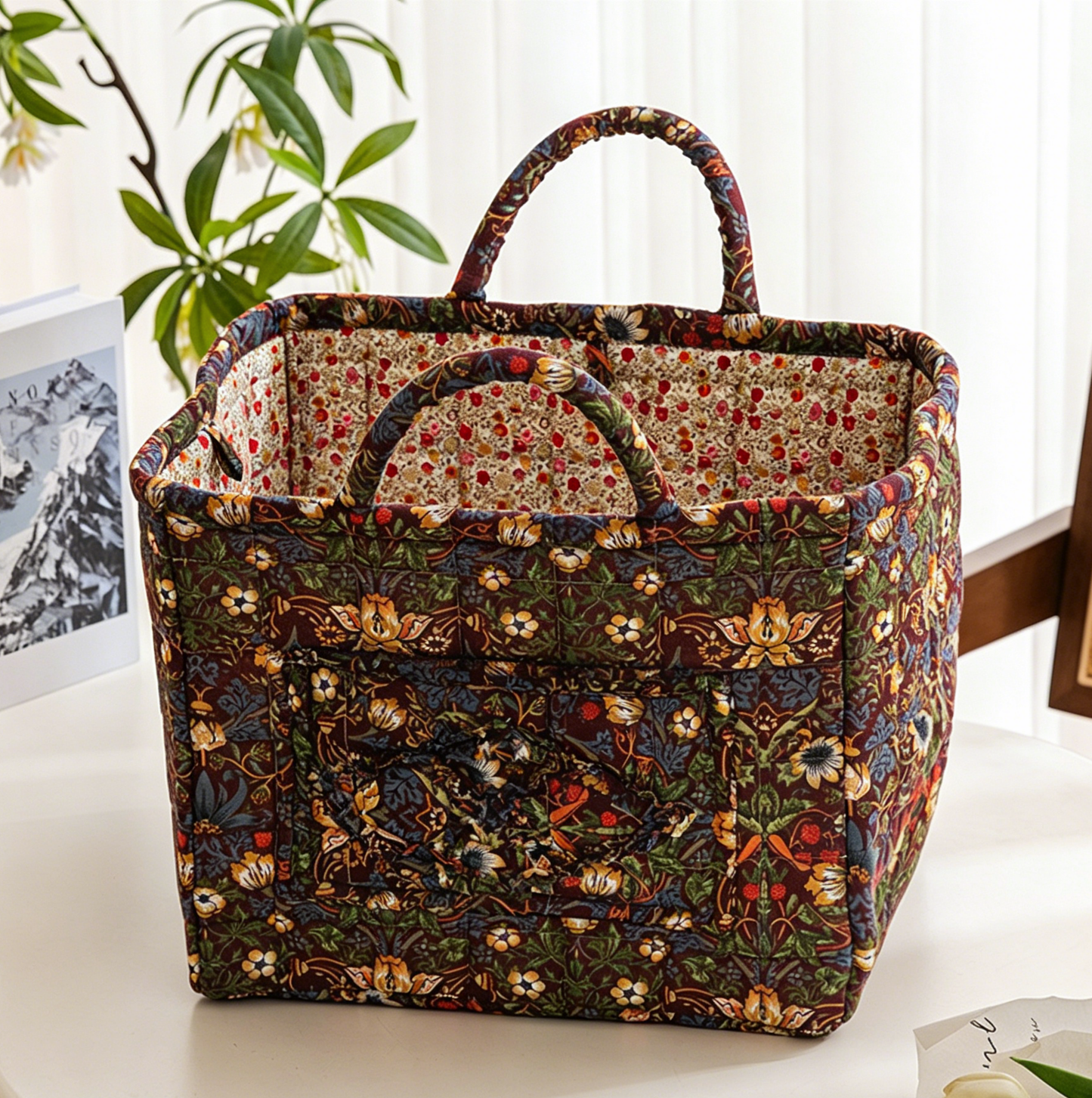 Red & Navy Quilted Storage Basket Boho Fabric Organizer Tote