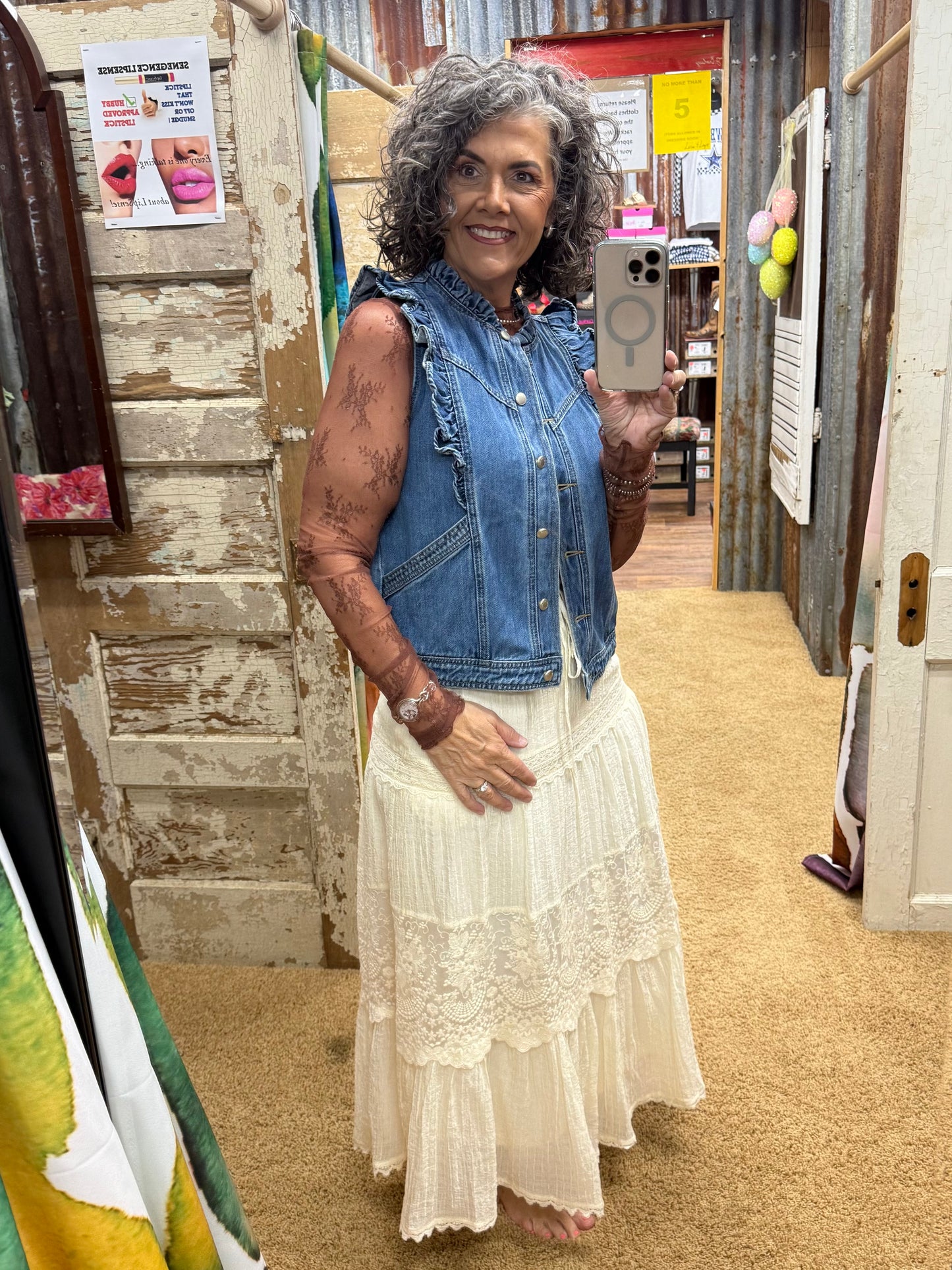 Red Bean Sheer Lace Long-Sleeve Top