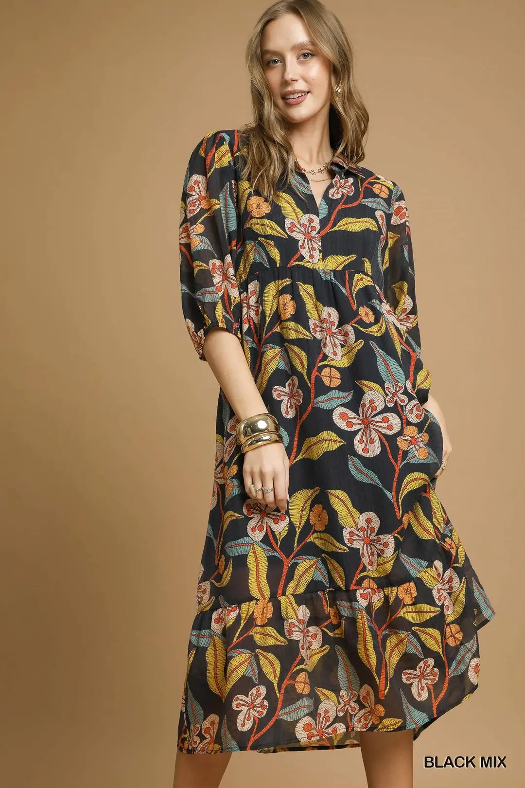 UMGEE Black Mixed Floral Print Tiered Midi Dress