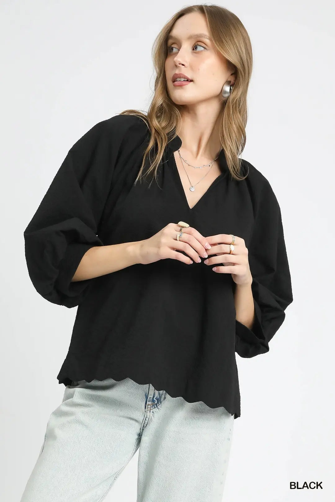 UMGEE Black Split V Neck Top with Balloon Sleeves