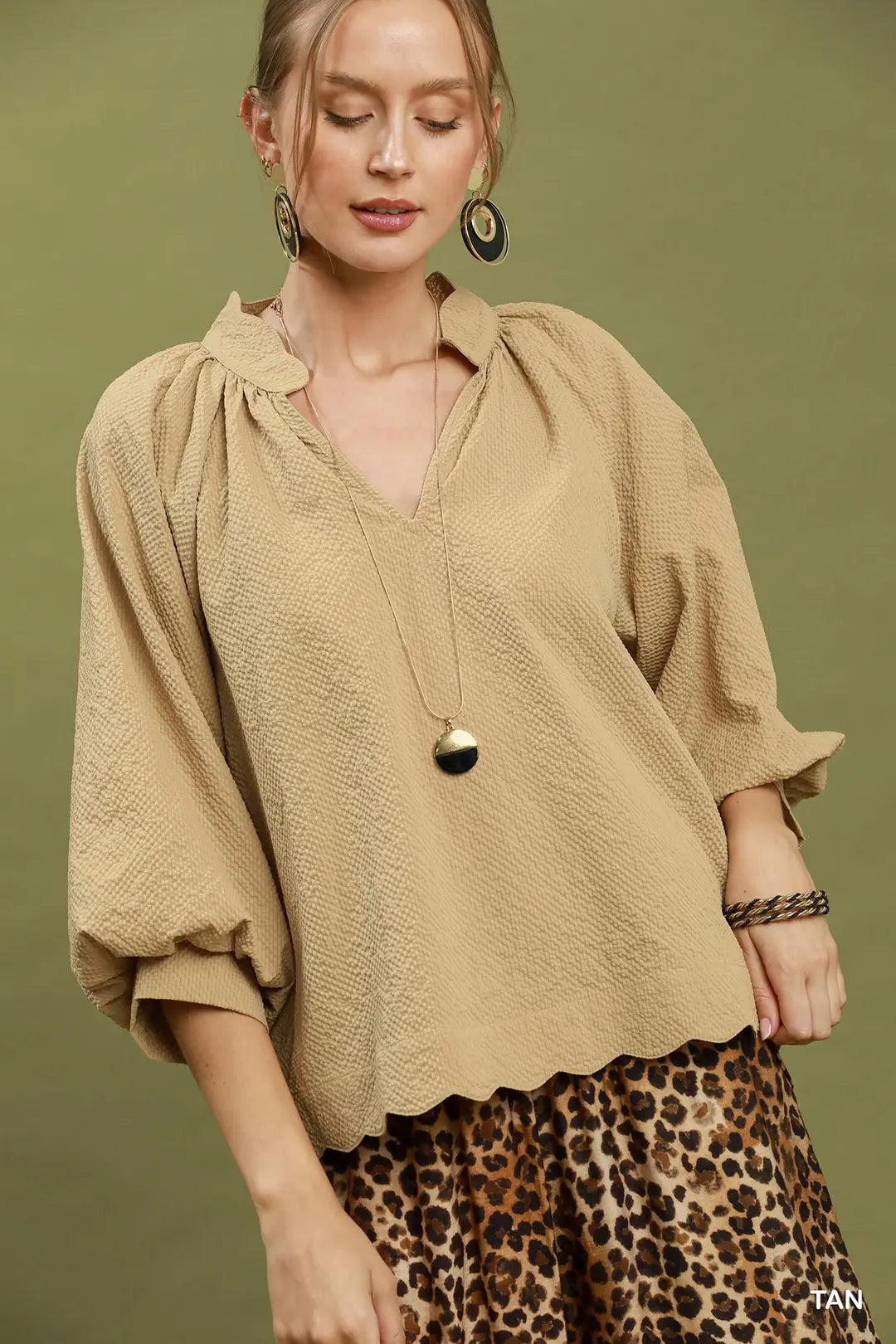 UMGEE Tan Split V Neck Top with Balloon Sleeves