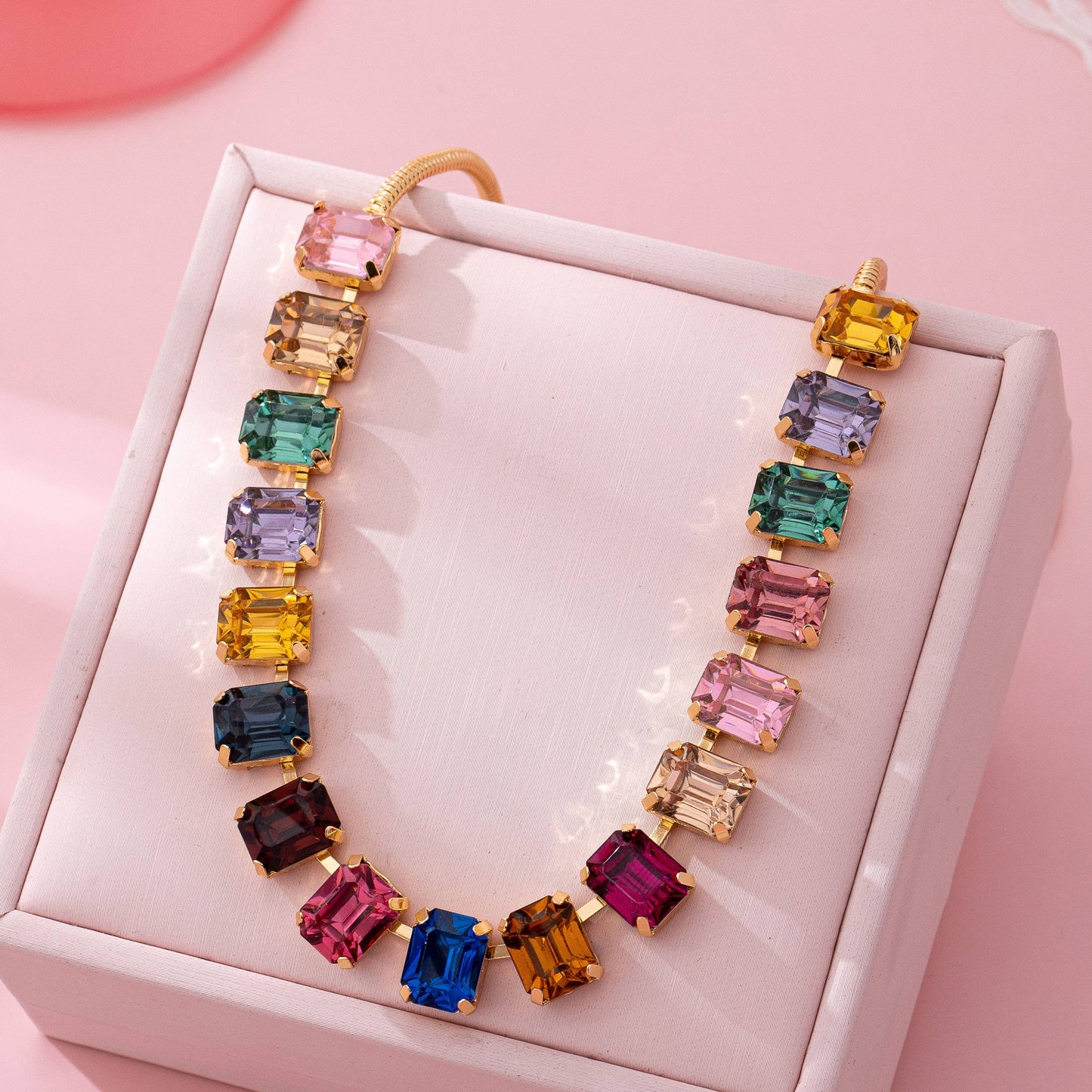Rainbow Emerald-Cut Gemstone Statement Necklace | 80N92825: Gold