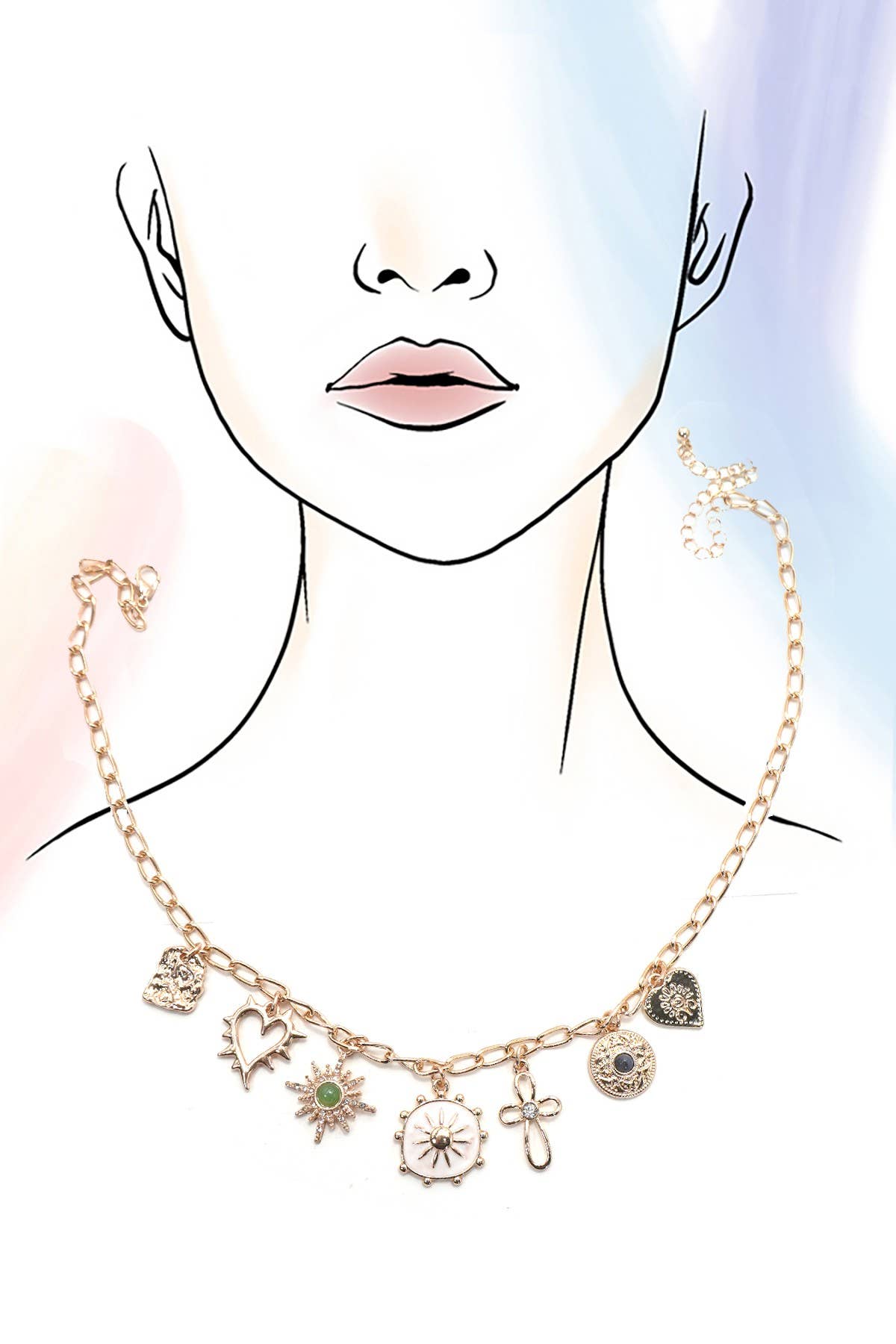 CHARM NECKLACE-HEART CROSS SUNBURST STONE | 80N91423: Gold