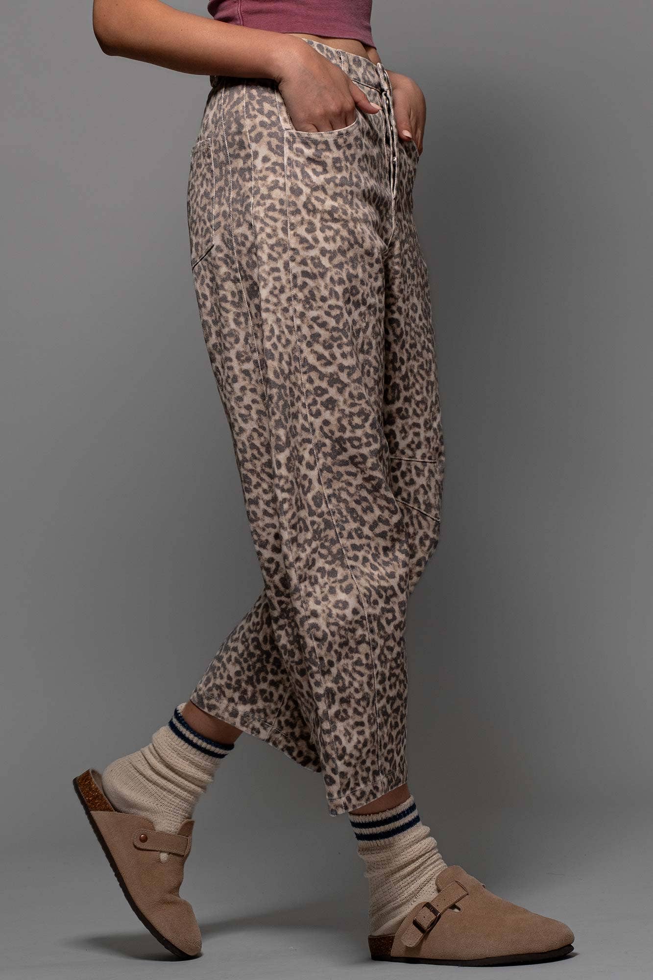 Leopard Print Stitch Detail Barrel Jeans