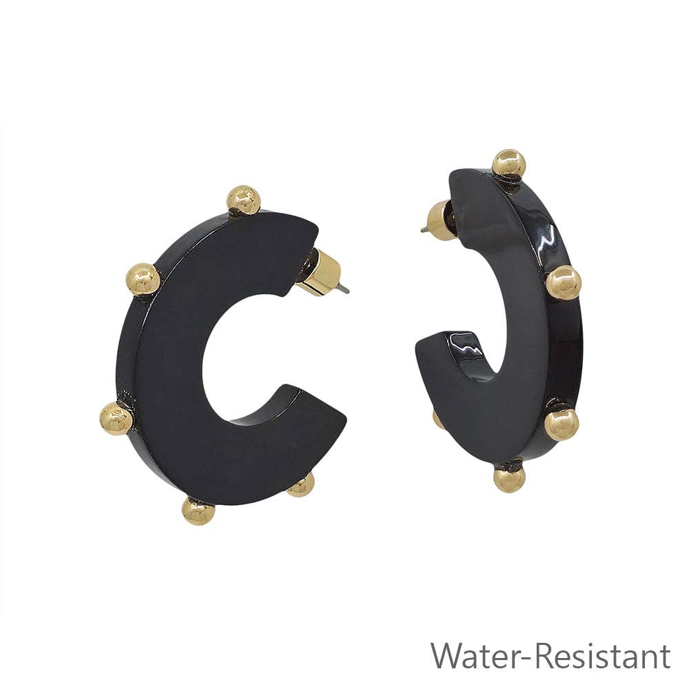 Water Resistant Black Acrylic 1.5" Hoop with Gold Beaded Dot Accents