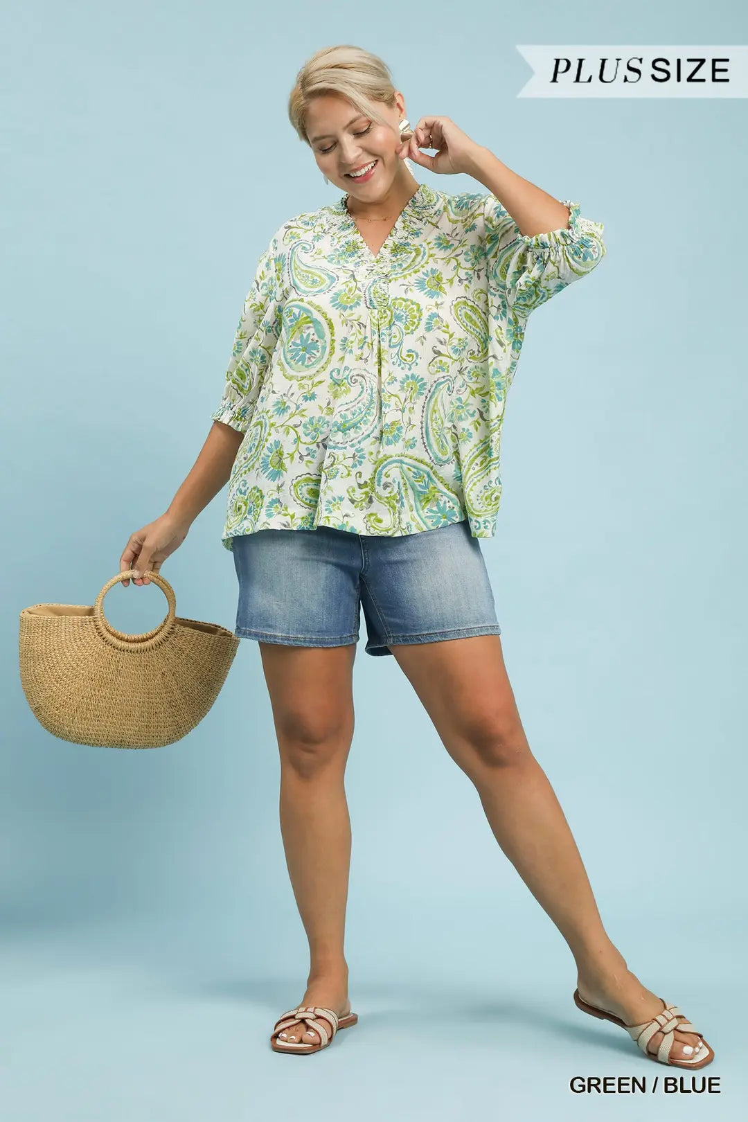 UMGEE Green / Blue Smocked V-Neck Paisley Top