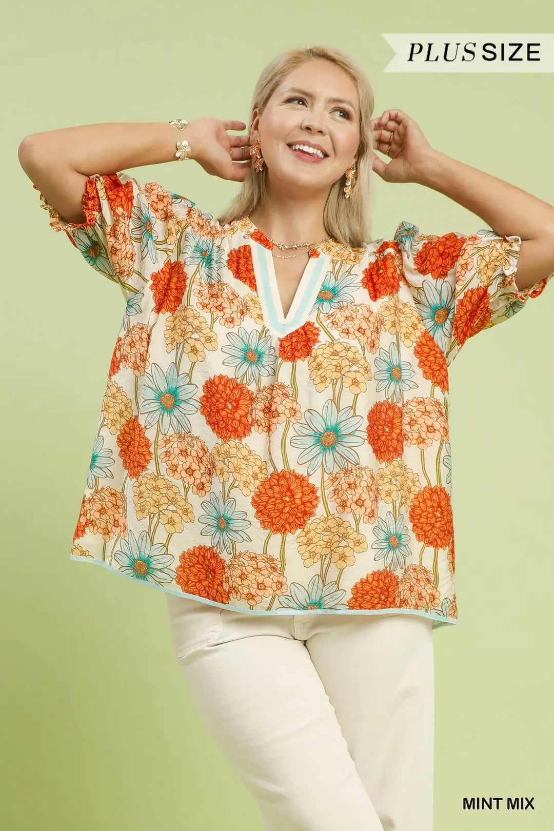 UMGEE Mint Floral Print Puff Sleeve Top