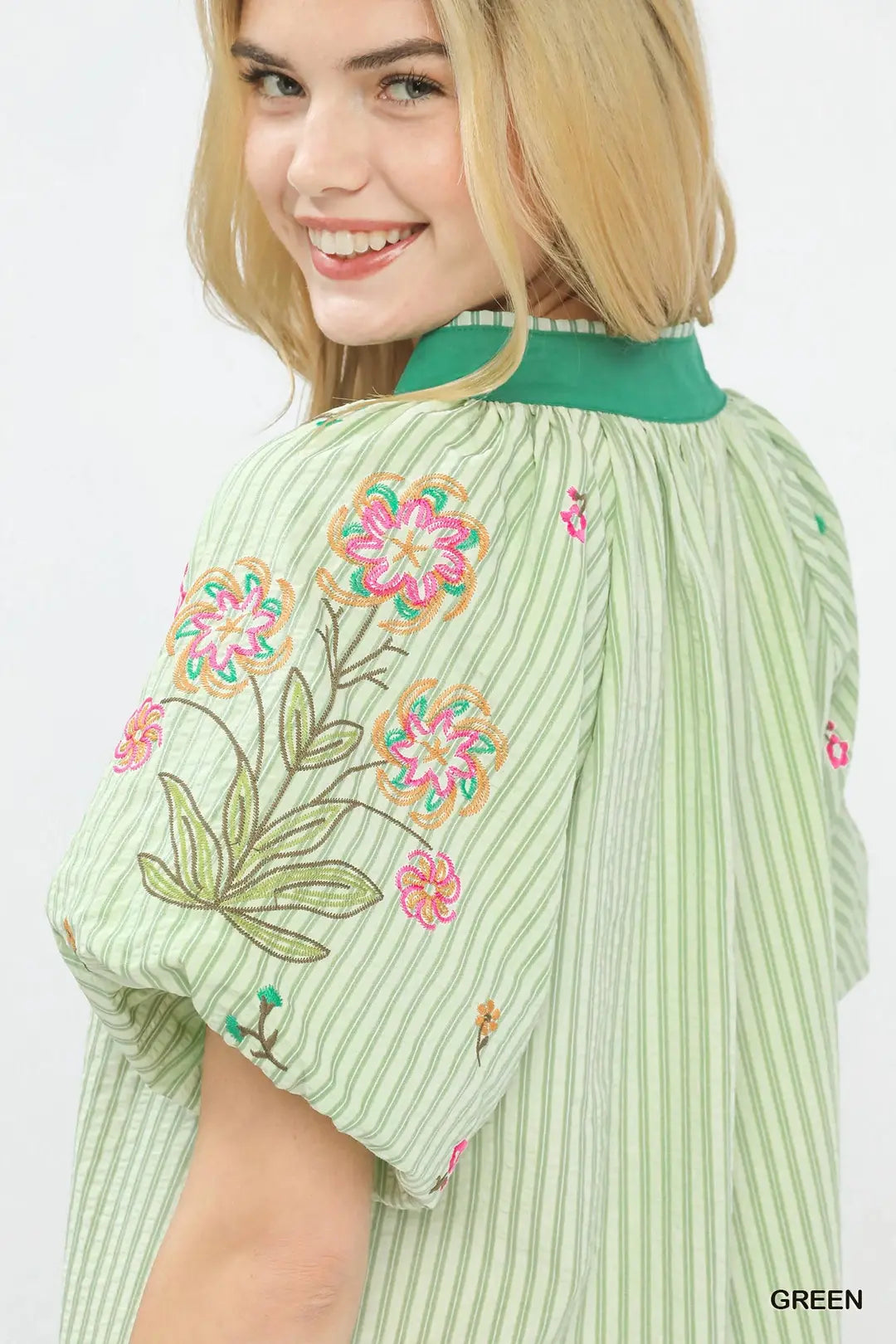 UMGEE Green Embroidered Stripe Top