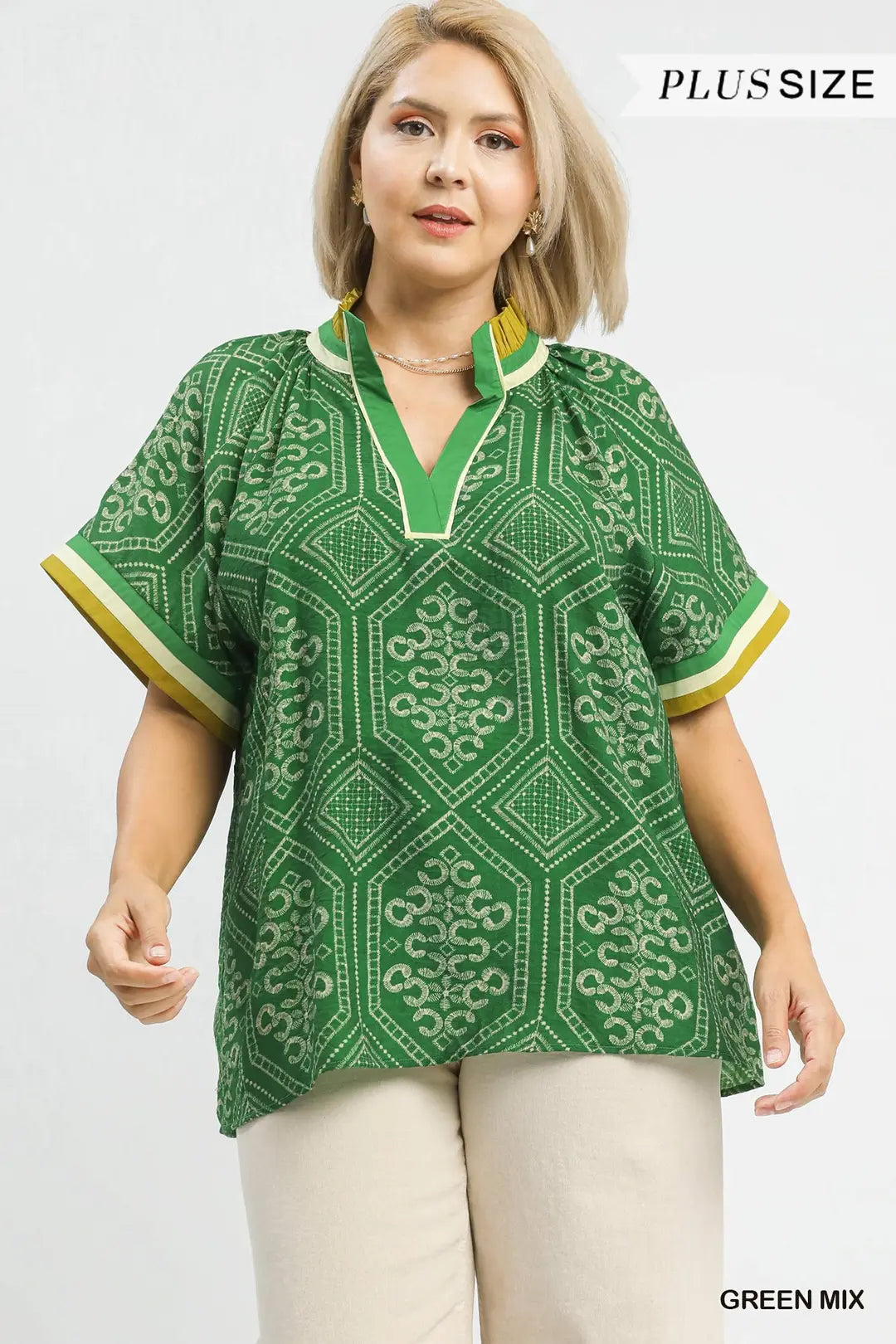 UMGEE Green Mix Geometric Print Top w/ Contrast Trim