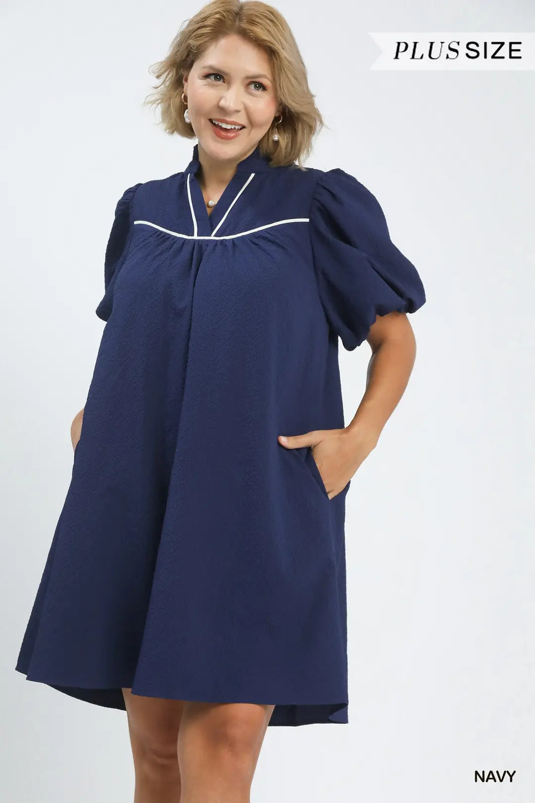 UMGEE Navy Seersucker Puff Sleeve Dress