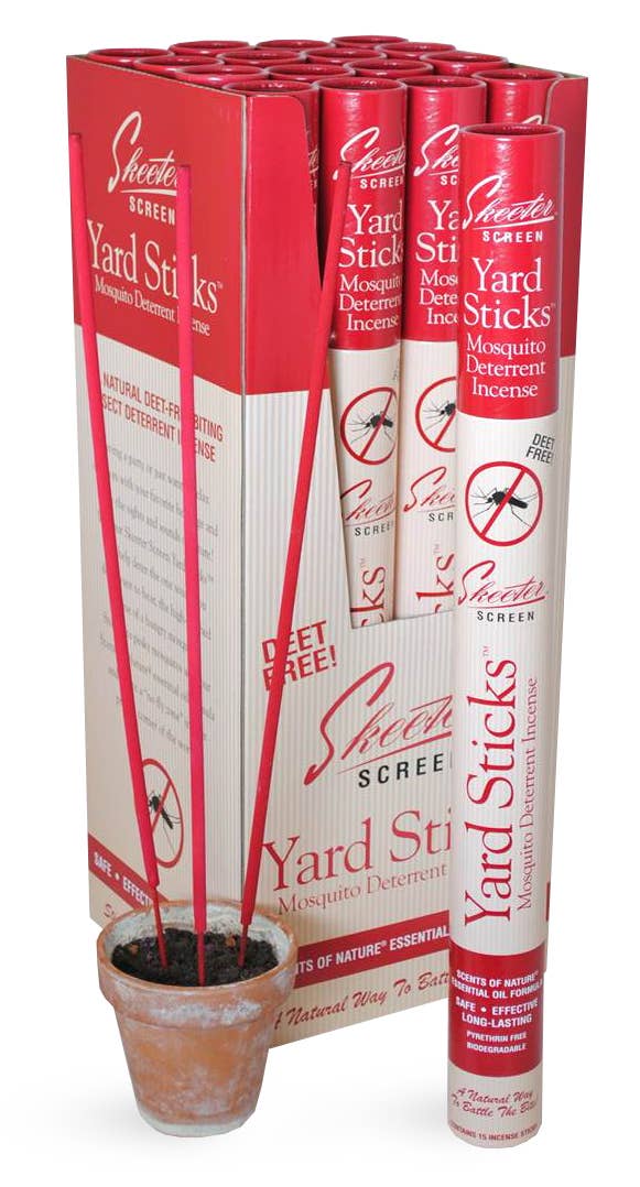 A package of Skeeter Screen Yard Sticks designed to deter mosquitoes, with red sticks visible inside a clear plastic tube packaging.