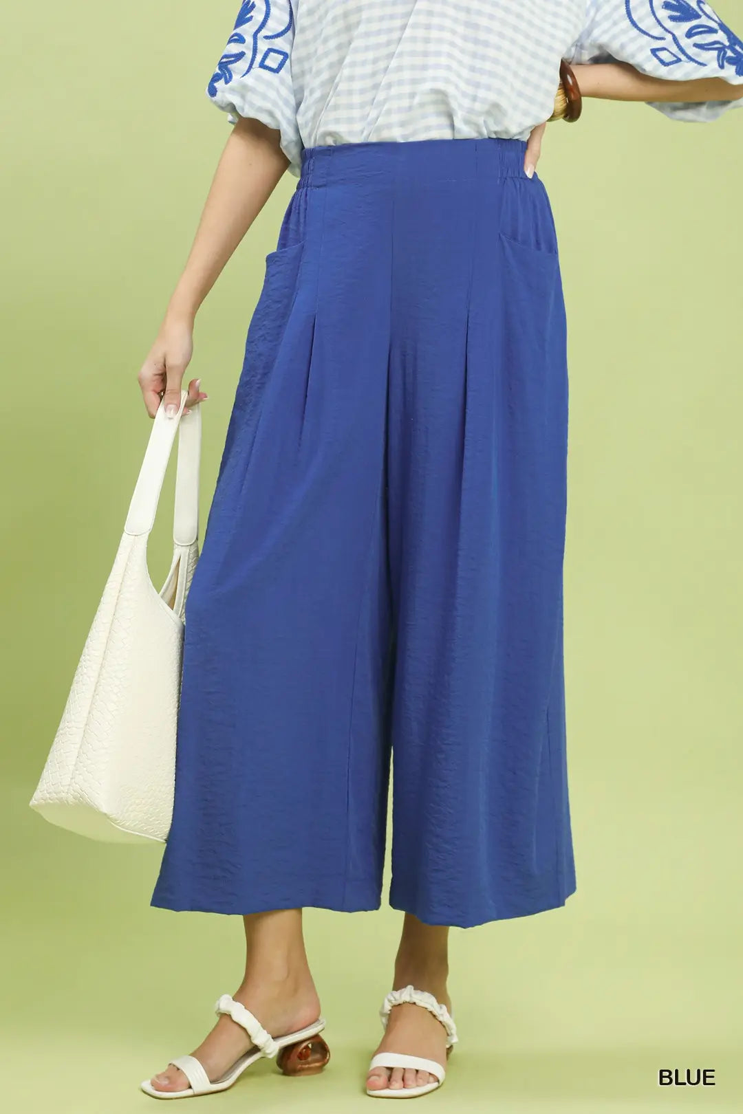 UMGEE Blue Solid Pleat Wide-Leg Cropped Pants