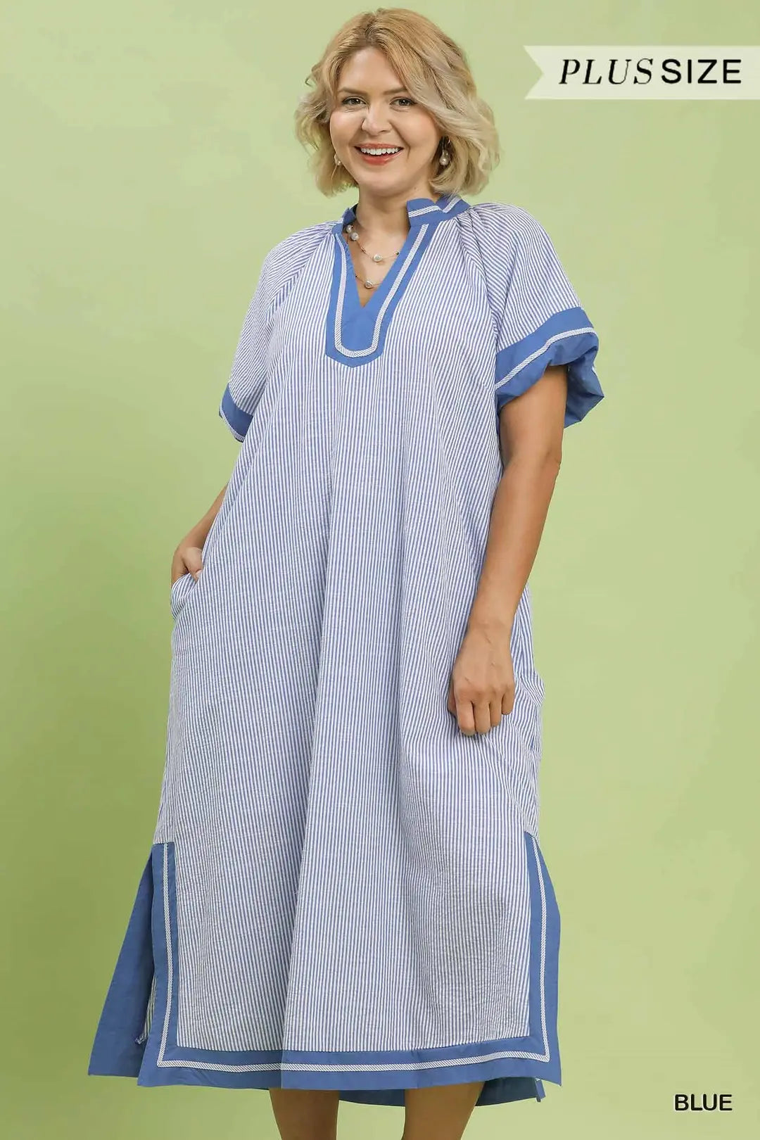UMGEE Blue Pinstripe Contrast Trim Midi Dress