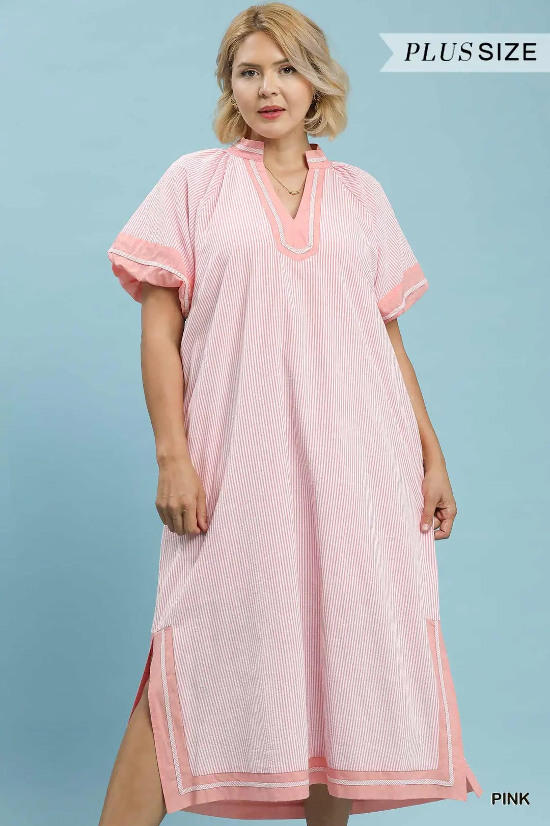 UMGEE Pink Pinstripe Contrast Trim Midi Dress