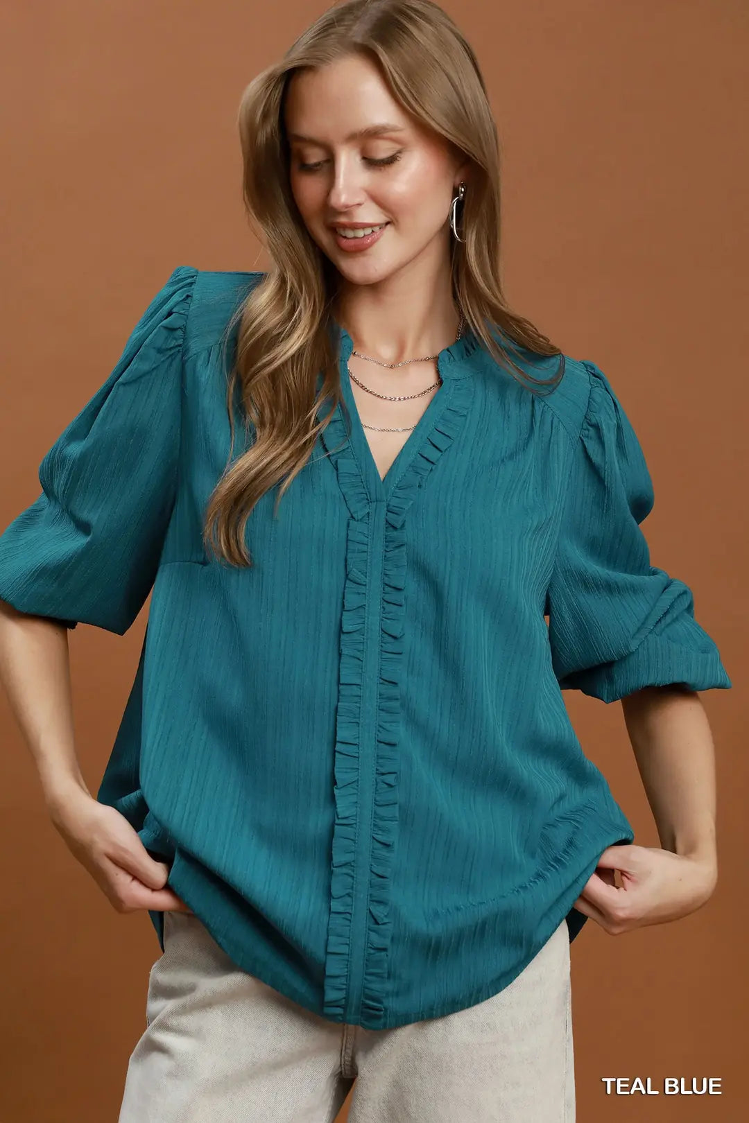 UMGEE Teal Blue Ruffle Trim V-Neck Long Sleeve Blouse