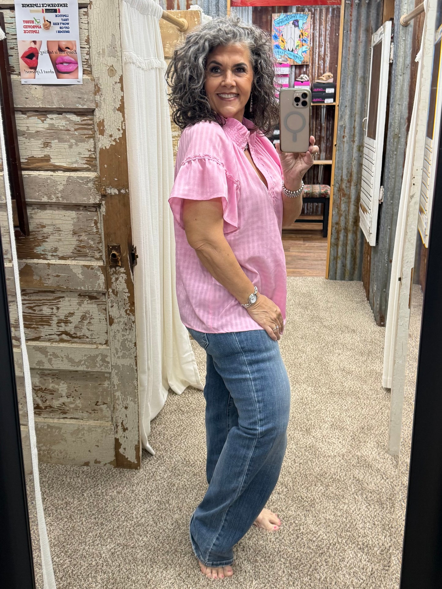 UMGEE Pink Trim Puff Sleeve Top