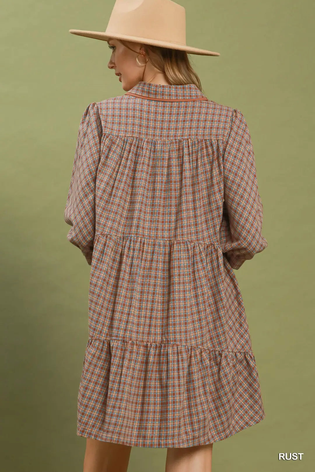 UMGEE Rust Plaid Button Down Oversized Shirt Dress