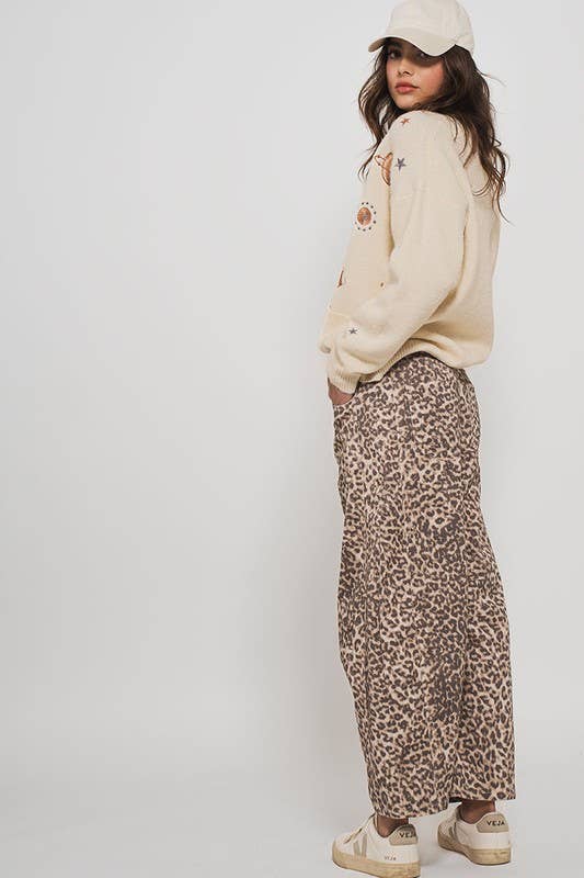 Leopard Print Stitch Detail Barrel Jeans