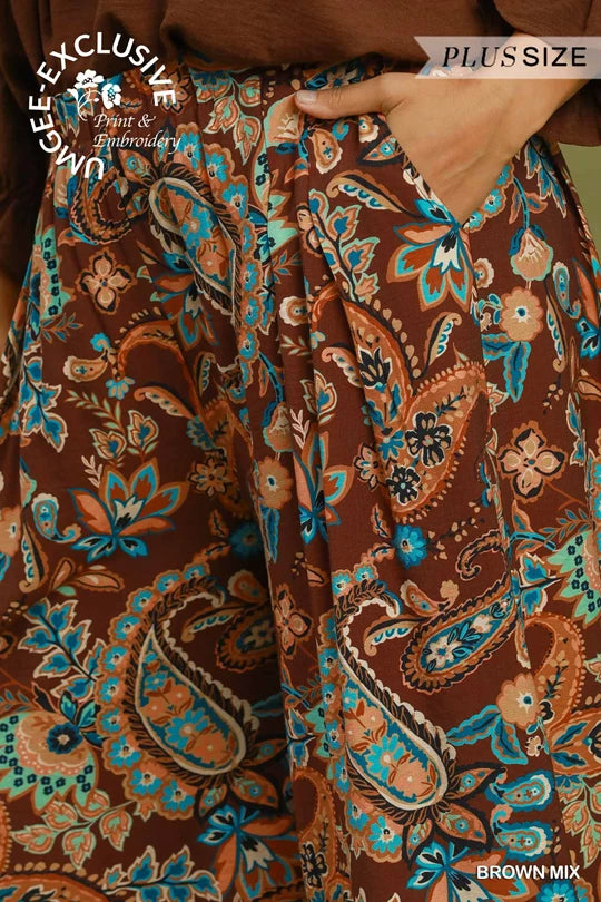 UMGEE Brown Mix Paisley Print Embroidered Wide Leg Pants
