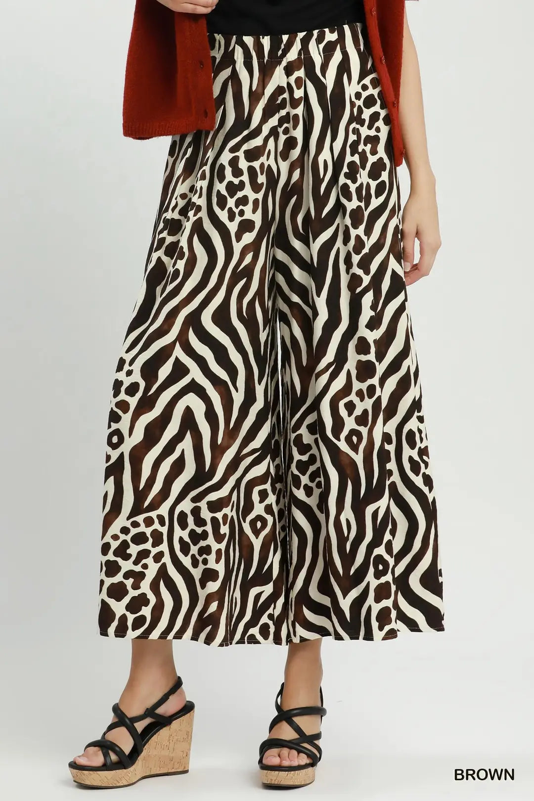 UMGEE Brown Mixed Animal Print Wide Leg Pants