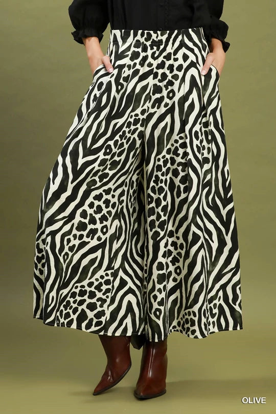 UMGEE Olive Mixed Animal Print Wide Leg Pants