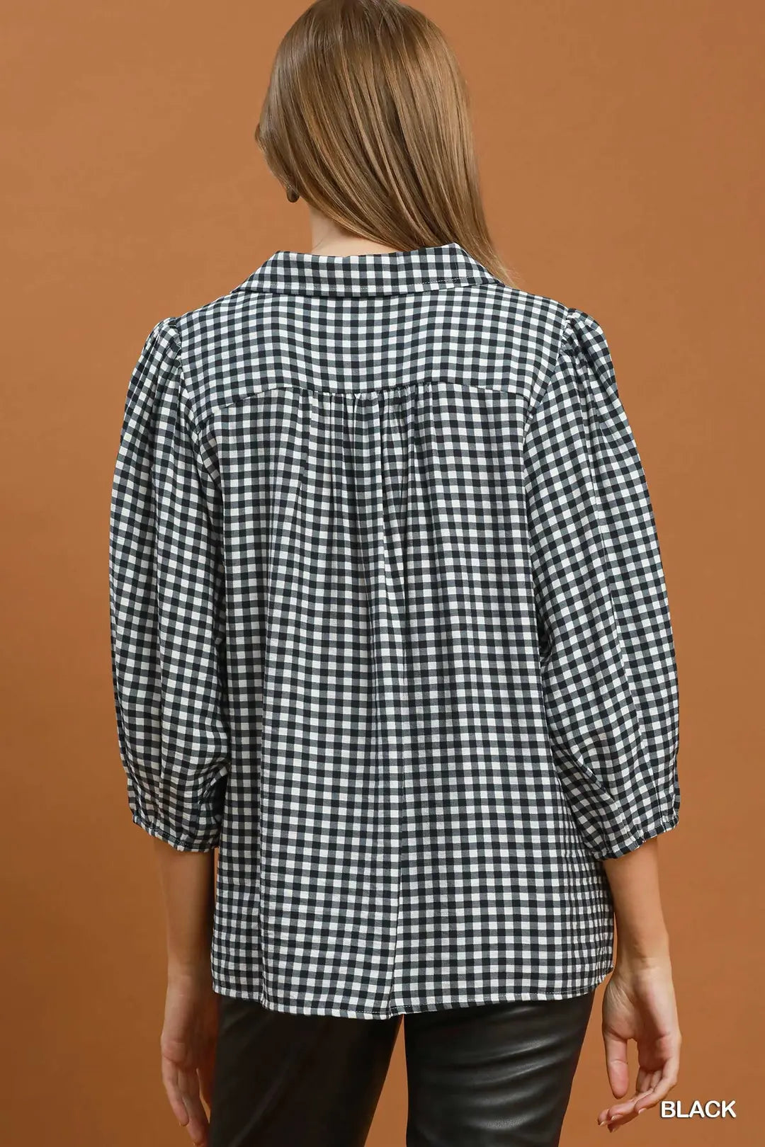 UMGEE Black Gingham Check Collared Puff Sleeve Blouse