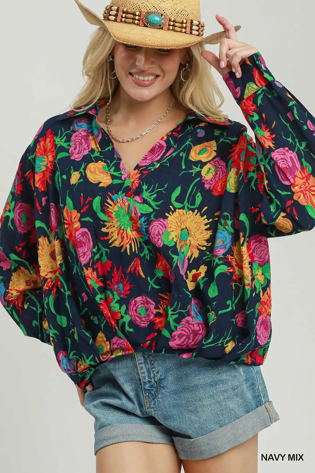 UMGEE Navy Floral Print Surplice Long Sleeve Blouse