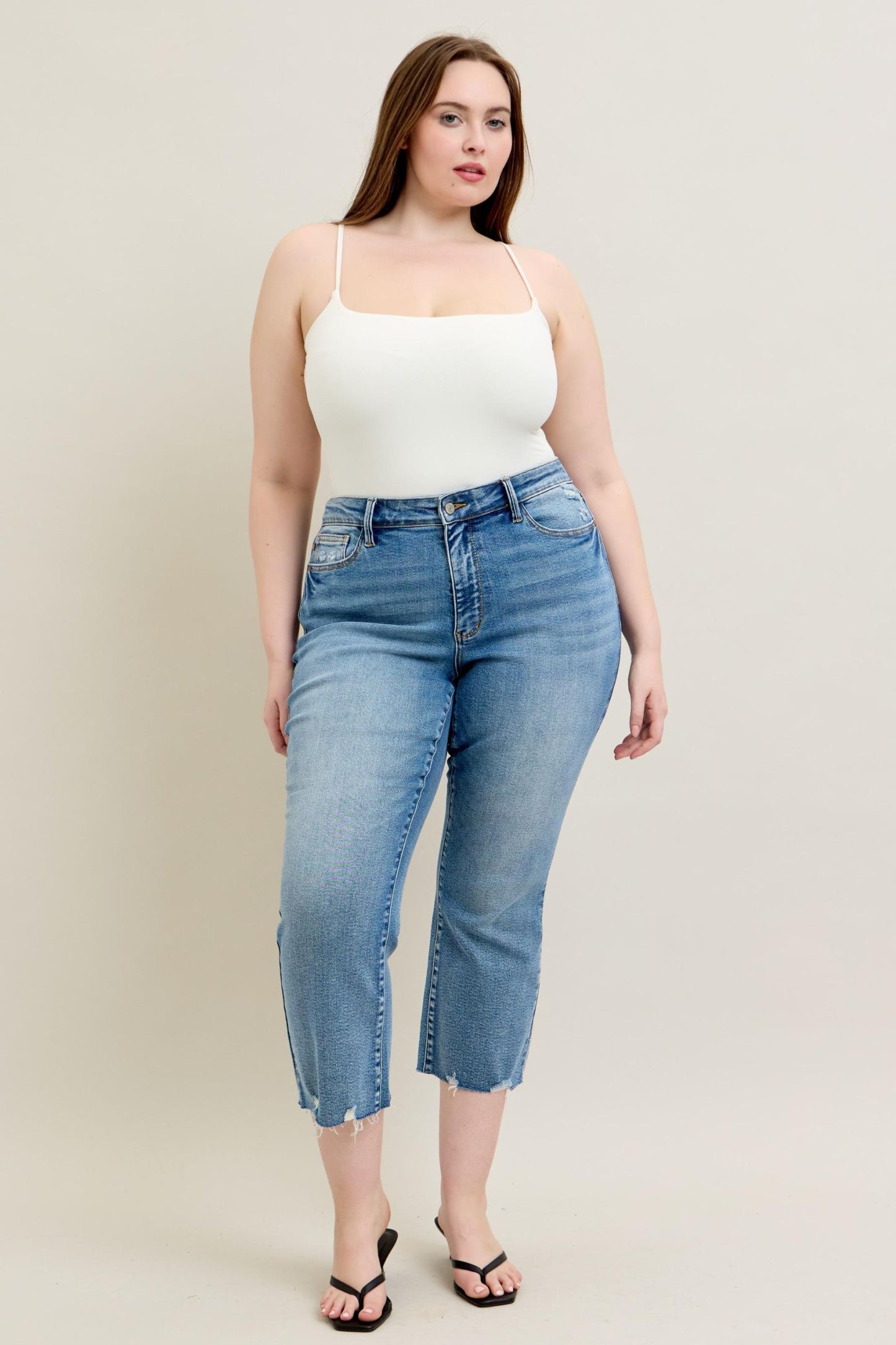 Judy Blue Mid Rise Vintage Wash Destroy Hem Kick Flare Jeans 88979