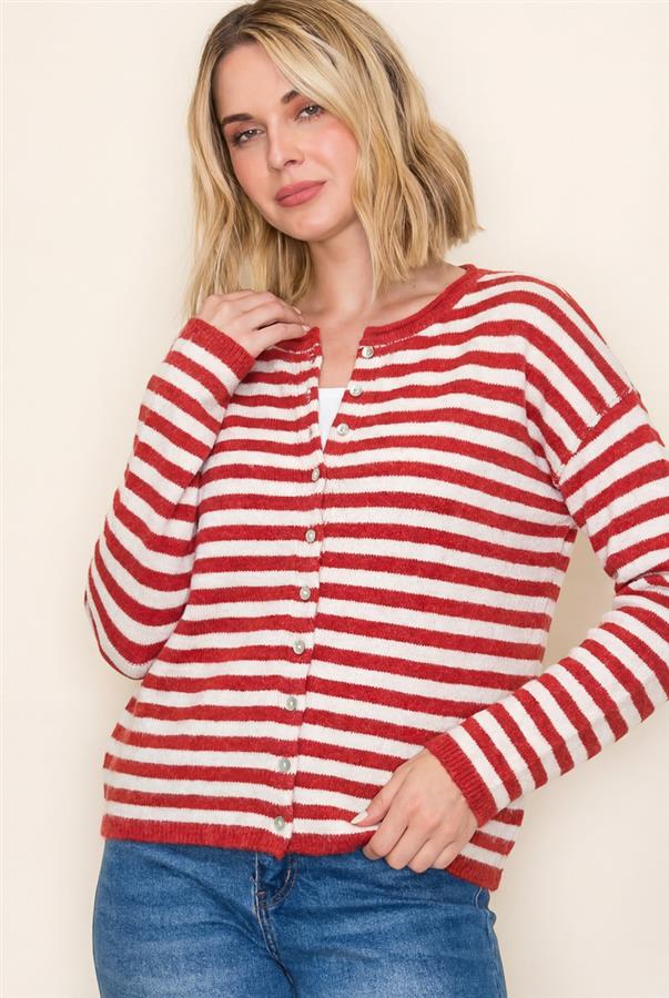 Staccato Striped Button Down Sweater Cardigan - Red