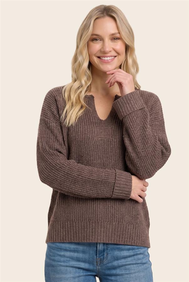 Staccato Slit Neck Patch Detail Ribbed Sweater - Mocha