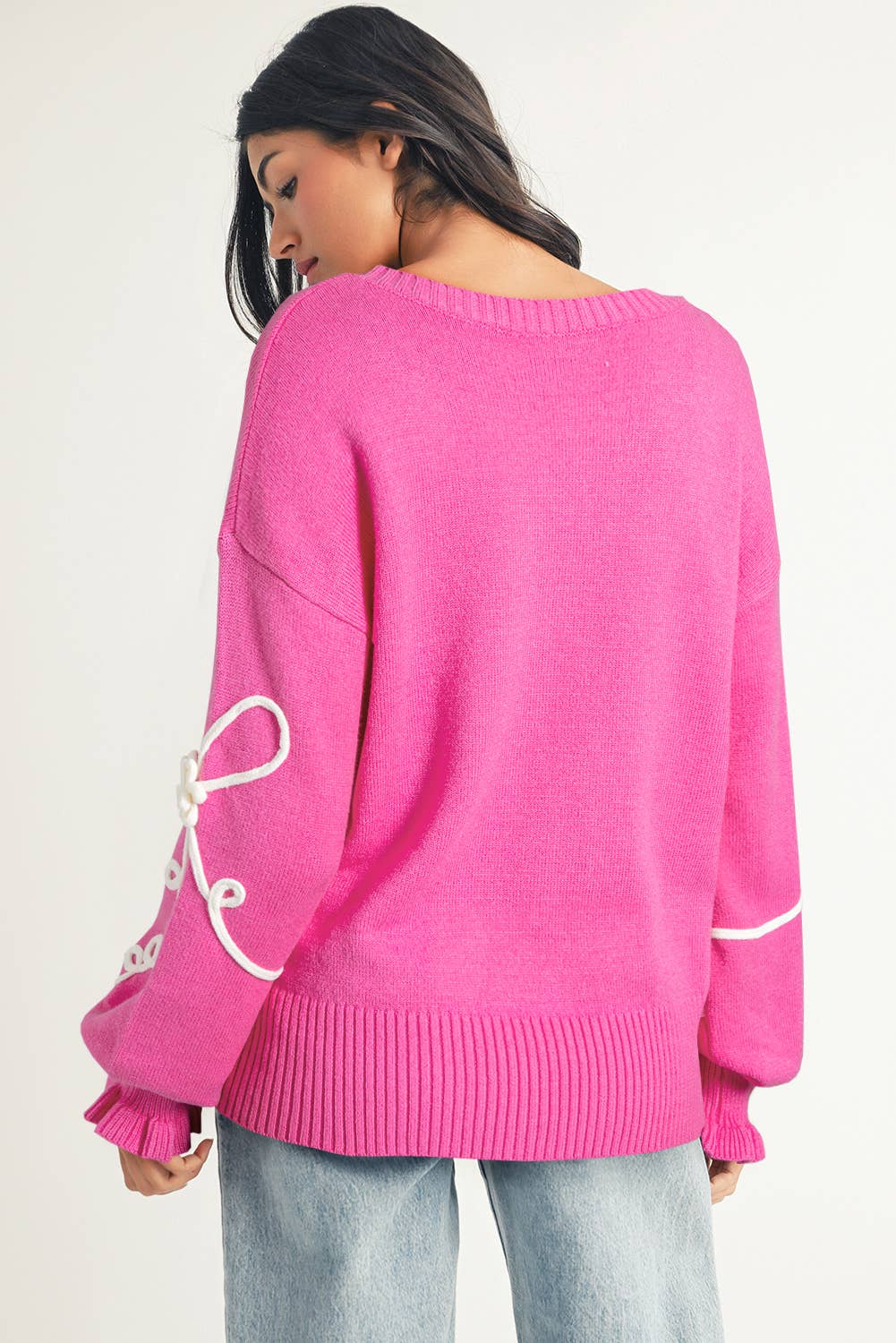 Pink Corded Flower Bow Sweater