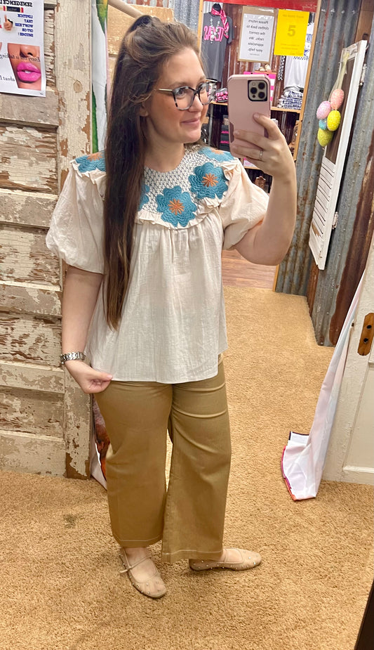 Khaki Cropped Wide Leg Pants