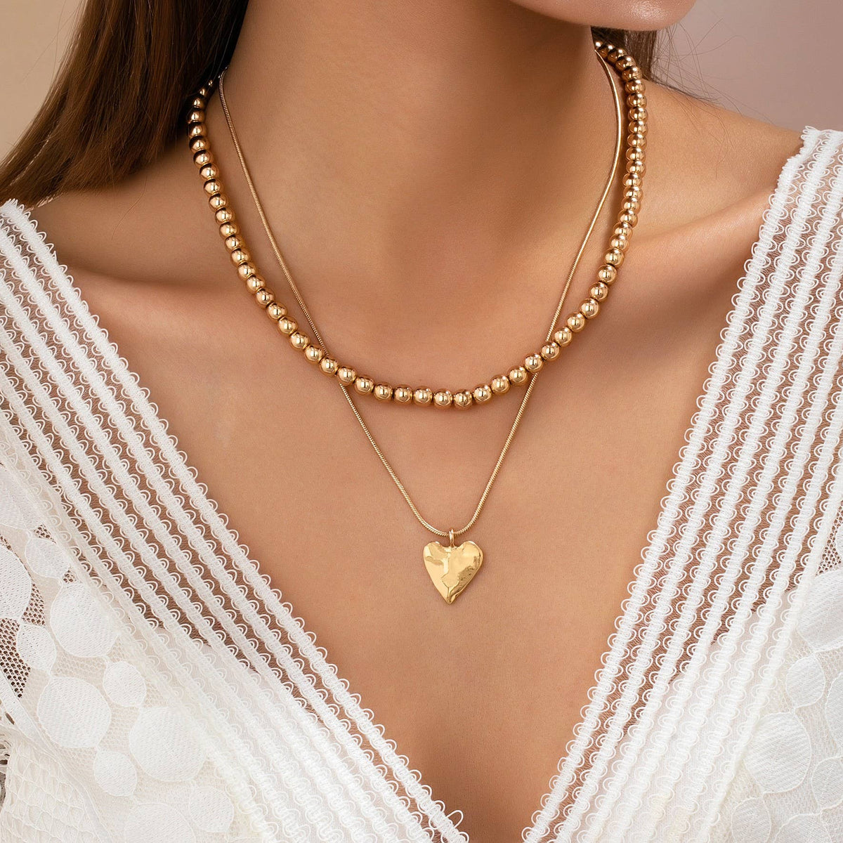 DOUBLE LAYER BALL CHAIN HEART CHARM NECKLACE | 80N92736: GOLD