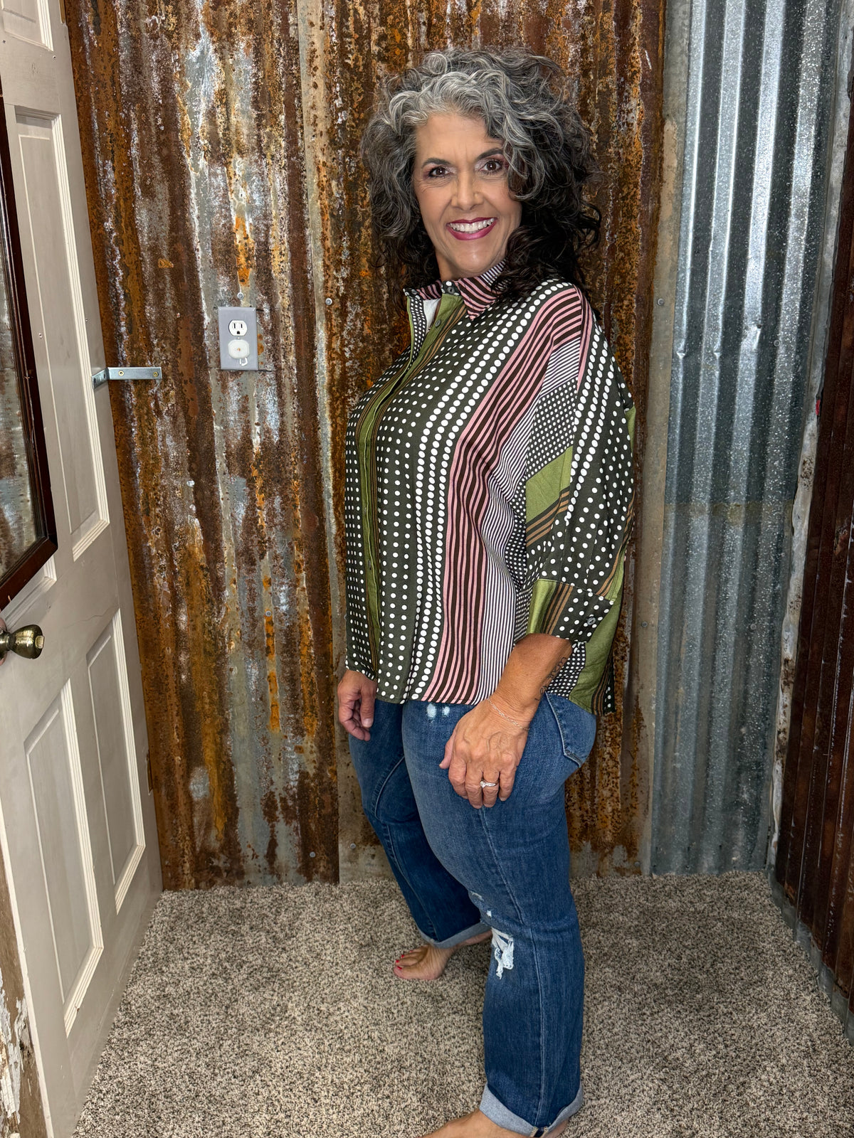 Entro Olive Stripe & Polka Dot Top