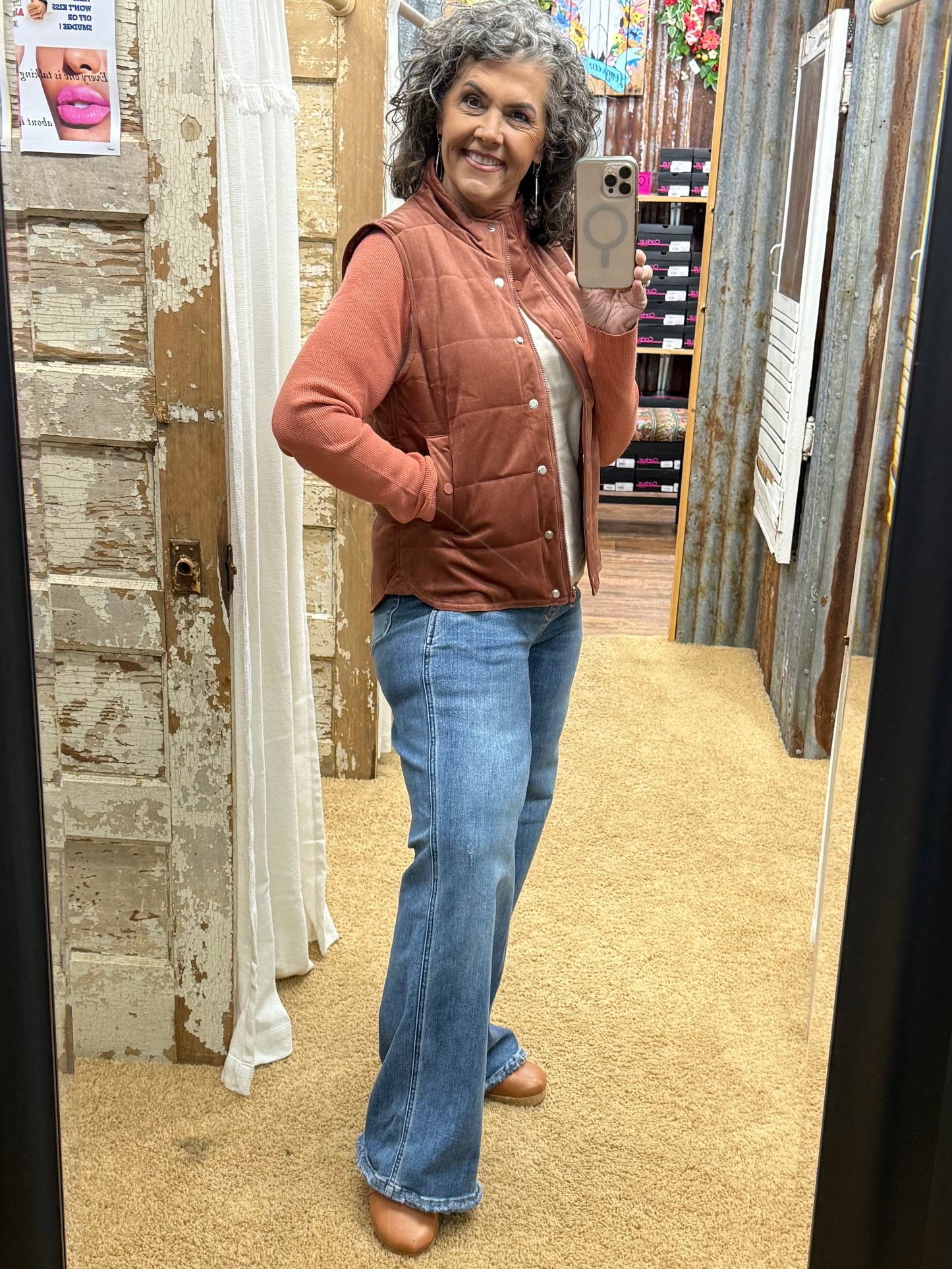 TERRACOTTA MINI CORDUROY PUFFER VEST WITH POCKETS