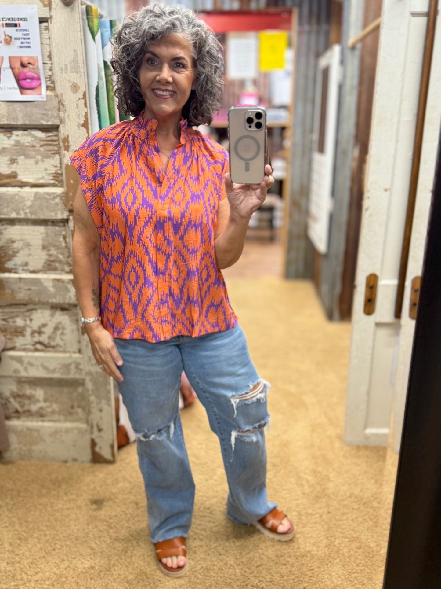 Orange Mix Button-Up Top
