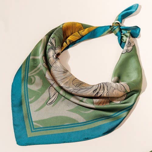 Flower Print Women Neck Tie Wrap Satin   Scarf: Olive