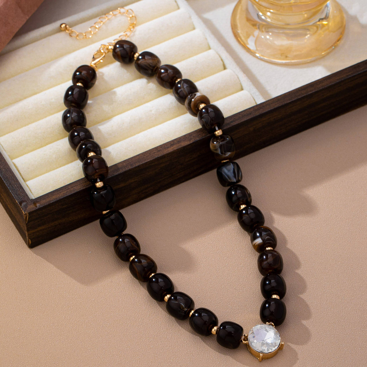 Resin Bead Round Crystal Pendant Necklace | 80N93729: BROWN