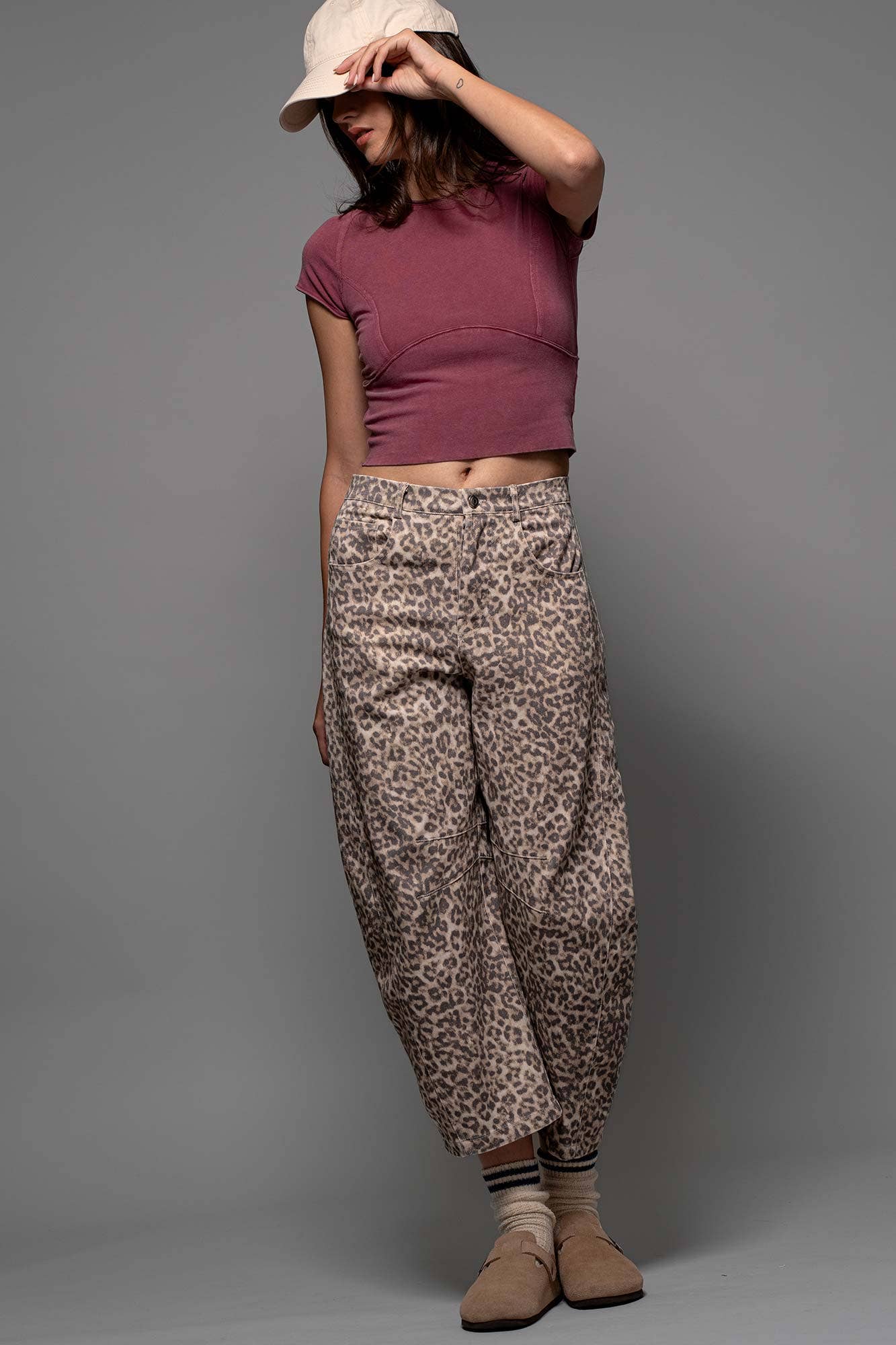 Leopard Print Stitch Detail Barrel Jeans