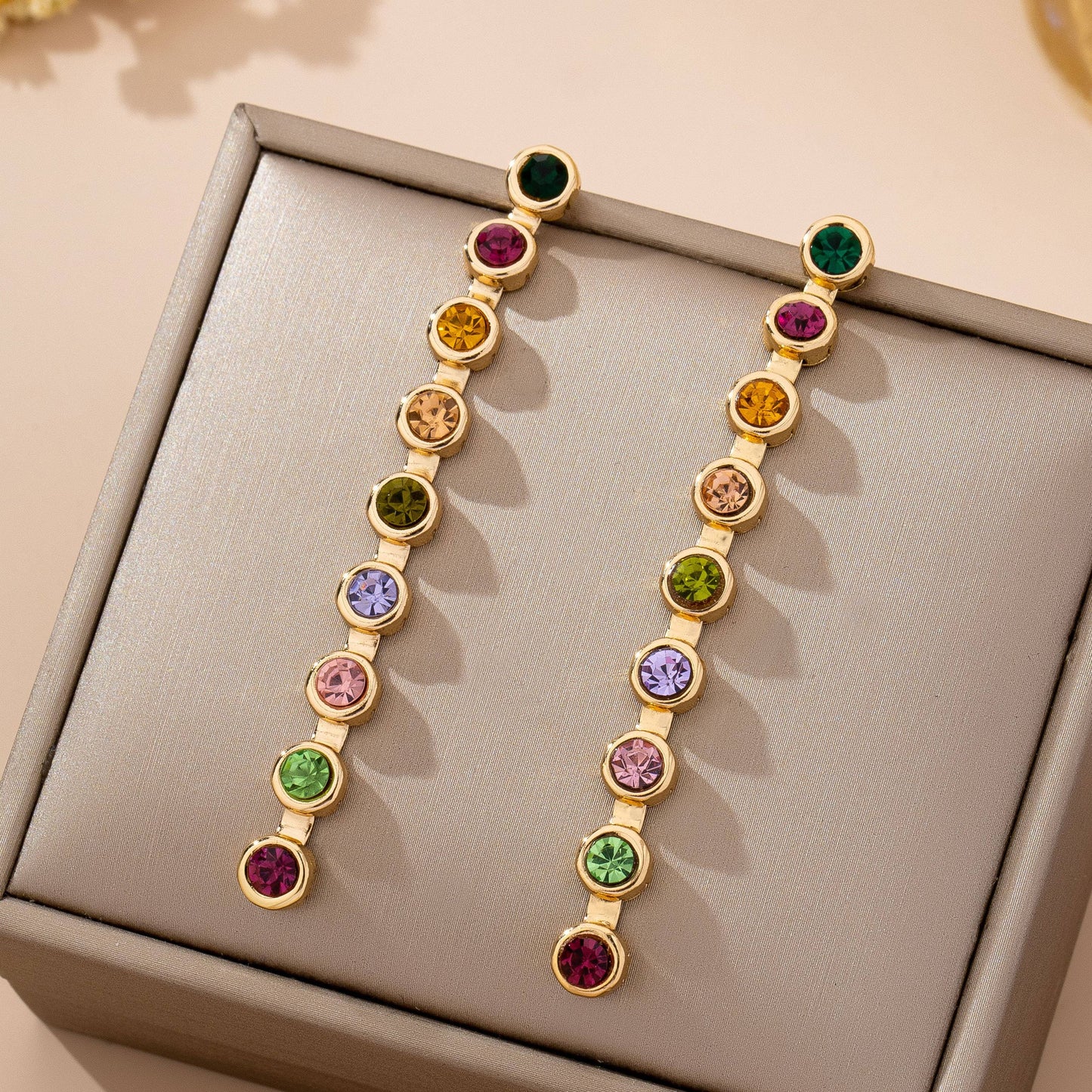 Rainbow Gemstone Linear Drop Earrings | 80E61965: Gold