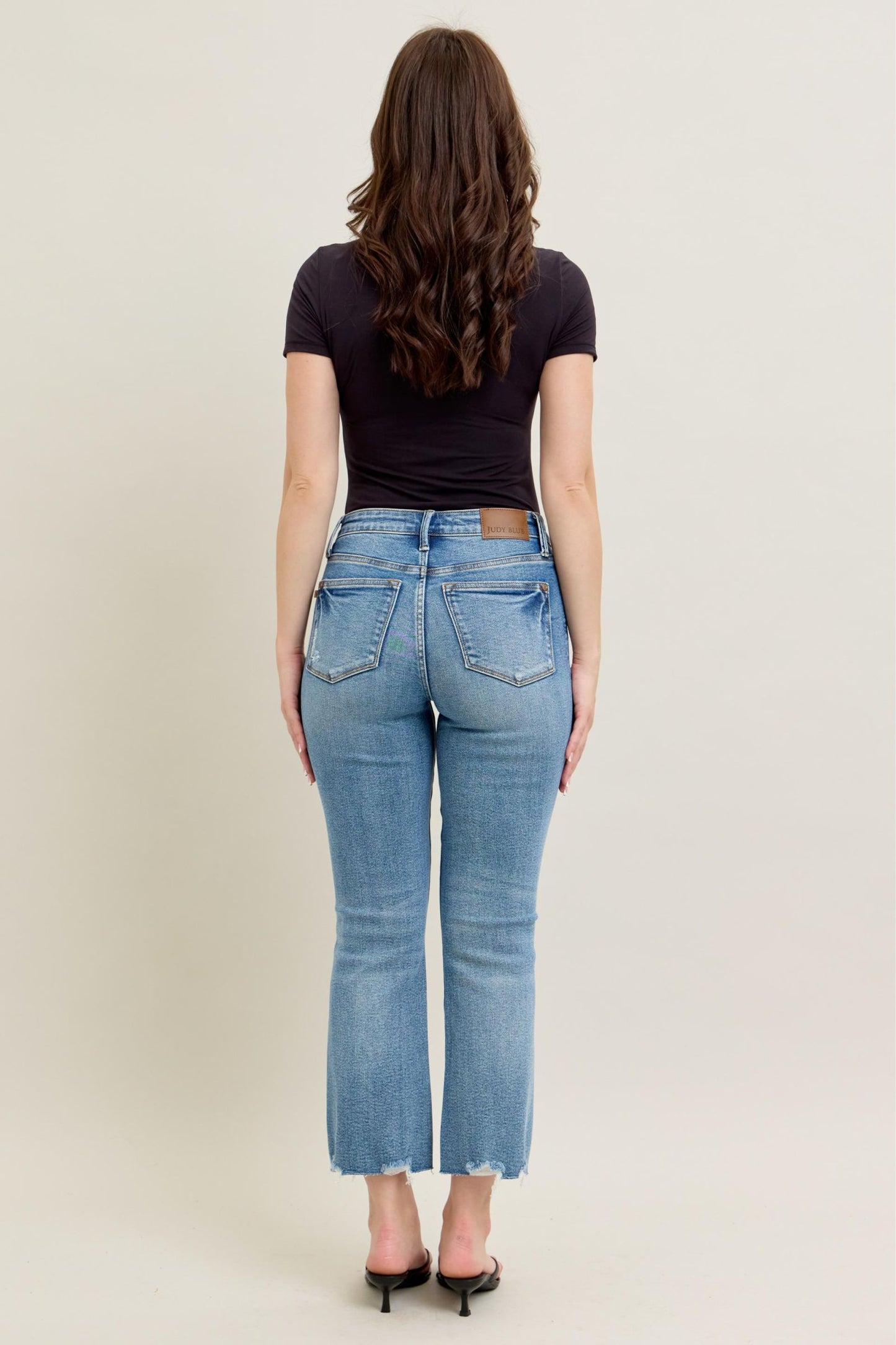 Judy Blue Mid Rise Vintage Wash Destroy Hem Kick Flare Jeans 88979
