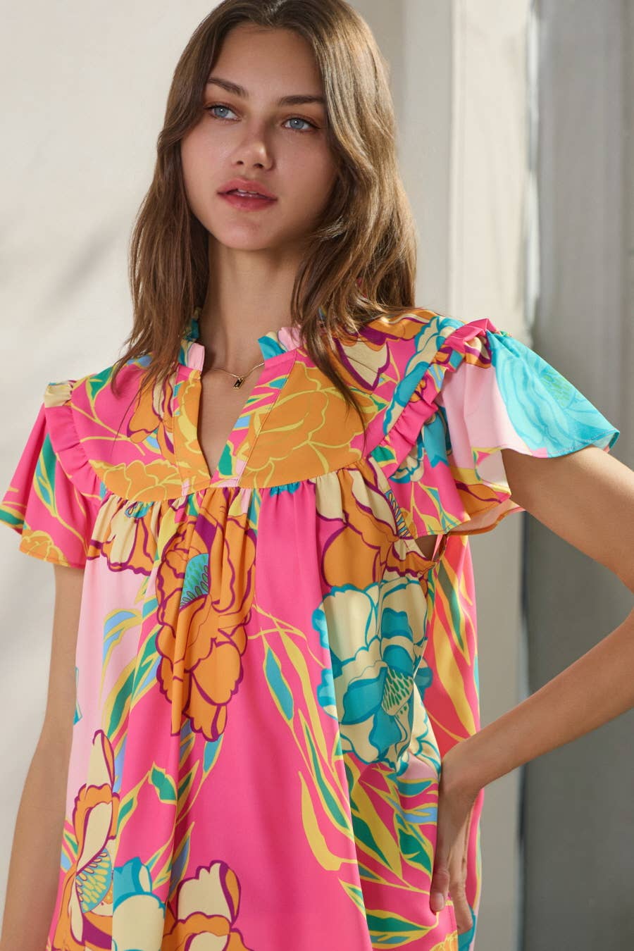 Floral Printed Ruffle Sleeve Blouse (curvy has 3/4 sleeve)