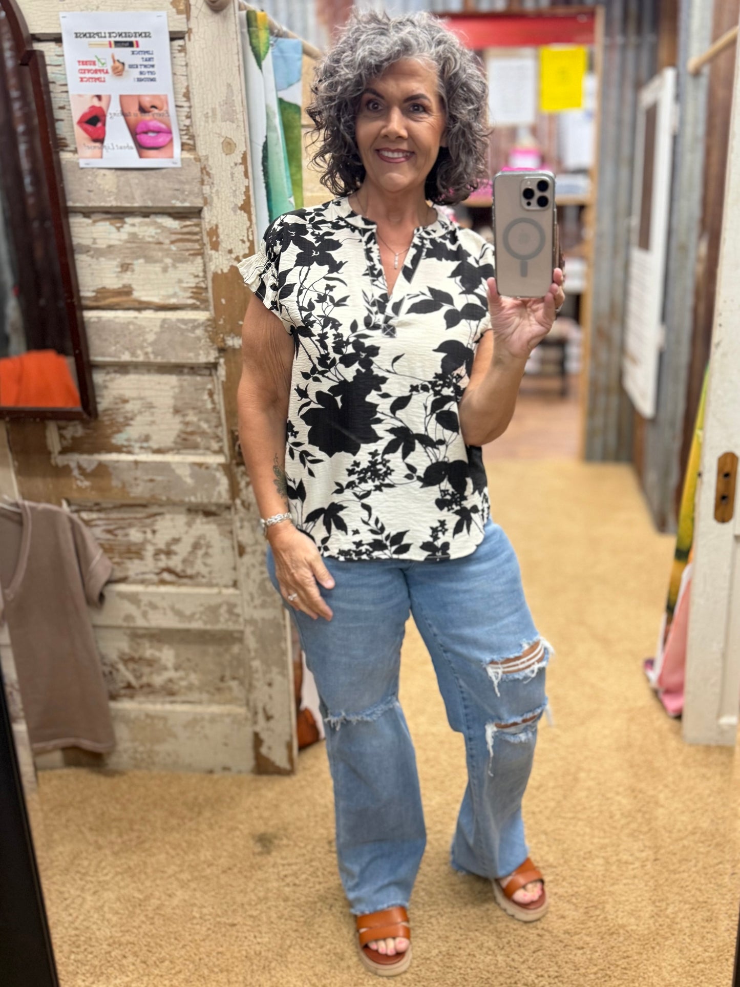 Black and Cream Floral Blouse