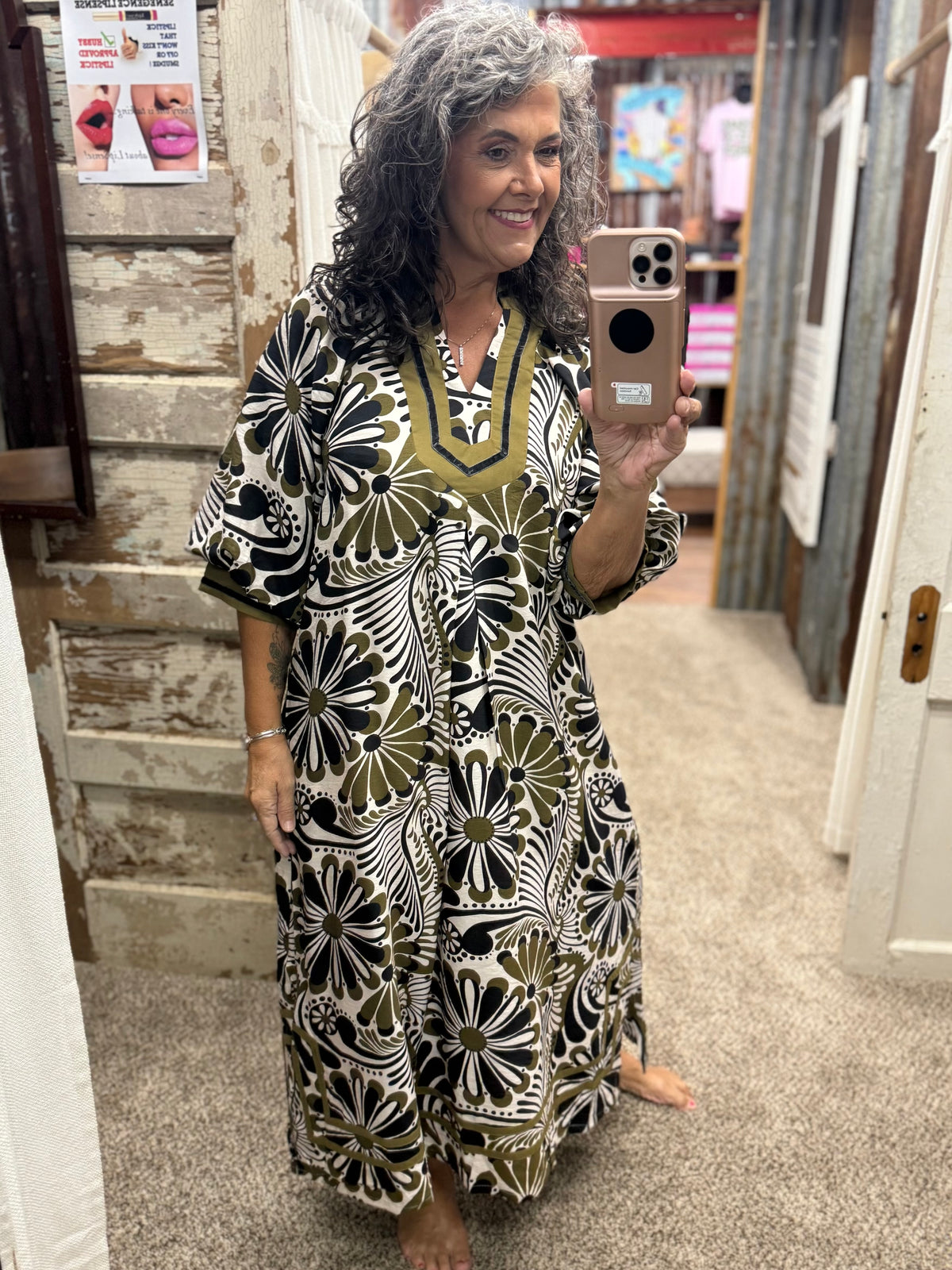 Umgee Olive Mix Abstract Print Midi Dress